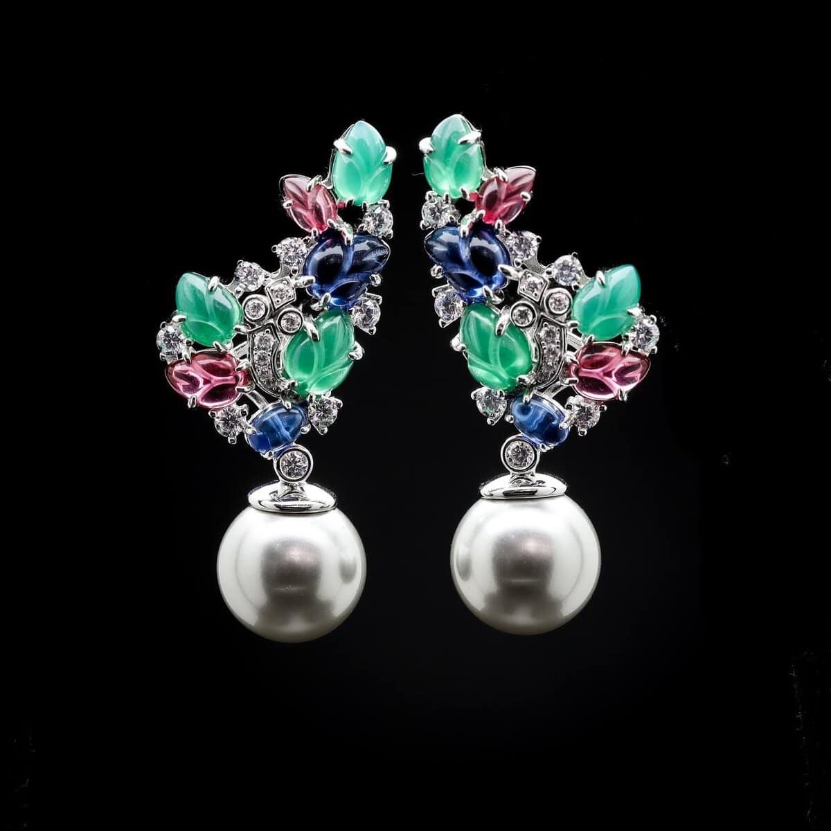 Omnia Leila Multicolor Floral Design Double Pearl Drop Earrings in 925 Silver with High-Quality Simulated Diamonds - OMNIASTORES UAE