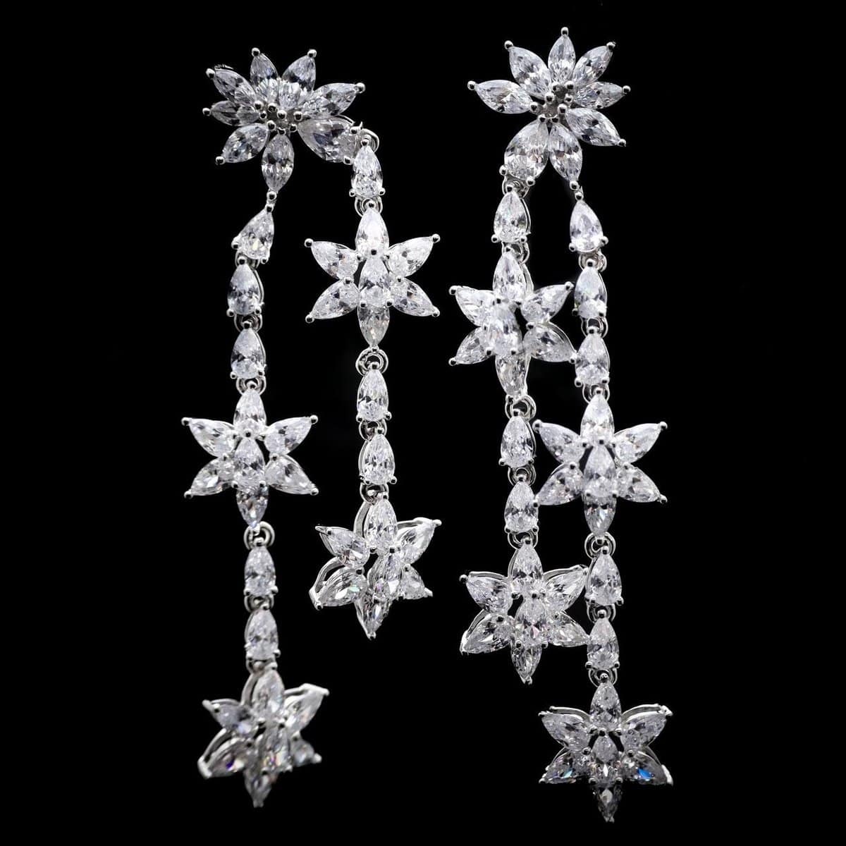 Omnia Starburst White Drop Earrings in 92.5 Silver with High-Quality Simulated Diamonds - OMNIASTORES UAE