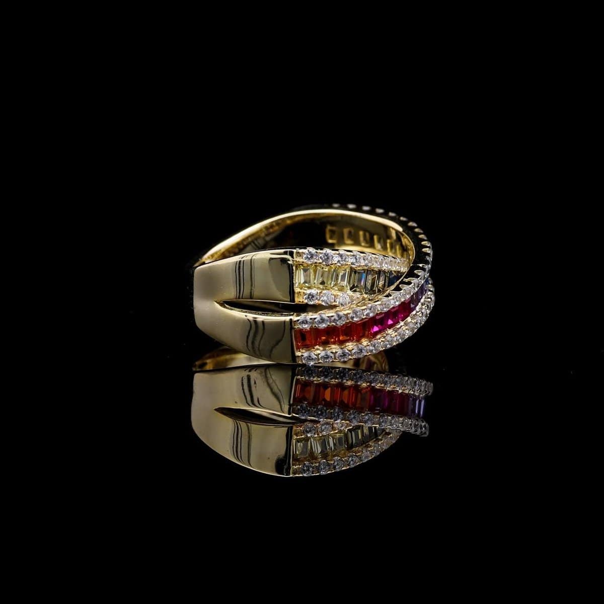 Omnia Dana Multi-Colored Criss-Cross Ring in Pure Gold with High-Quality Simulated Diamonds - OMNIASTORES UAE