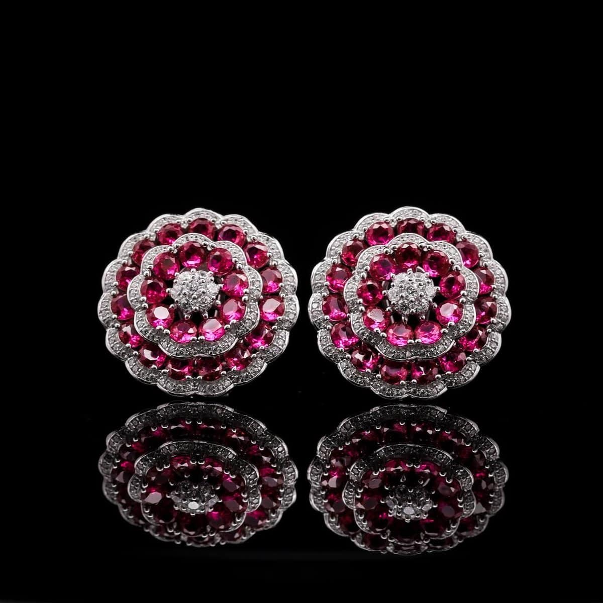 Omnia Floral Halo Earrings with Ruby Red Simulated Diamonds in 92.5 Silver - OMNIASTORES UAE