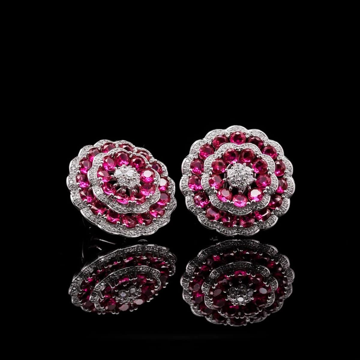 Omnia Floral Halo Earrings with Ruby Red Simulated Diamonds in 92.5 Silver - OMNIASTORES UAE