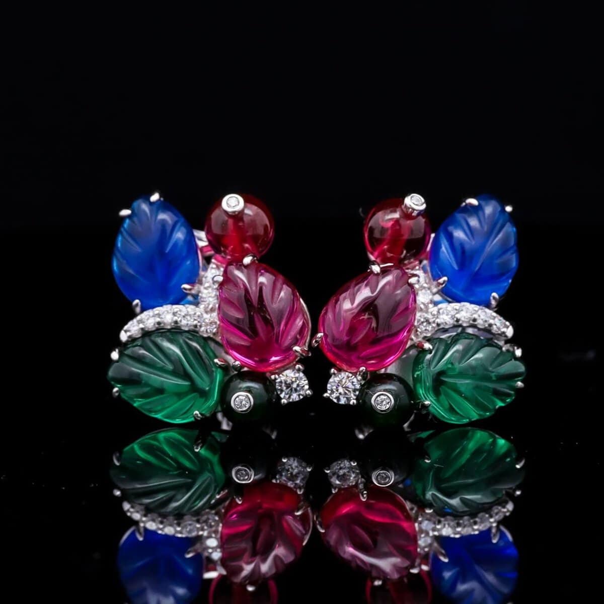 Omnia Multicolor Leaf Clip-On Earrings with Simulated Diamonds and Vibrant Gemstone Design in 92.5 Silver - OMNIASTORES UAE