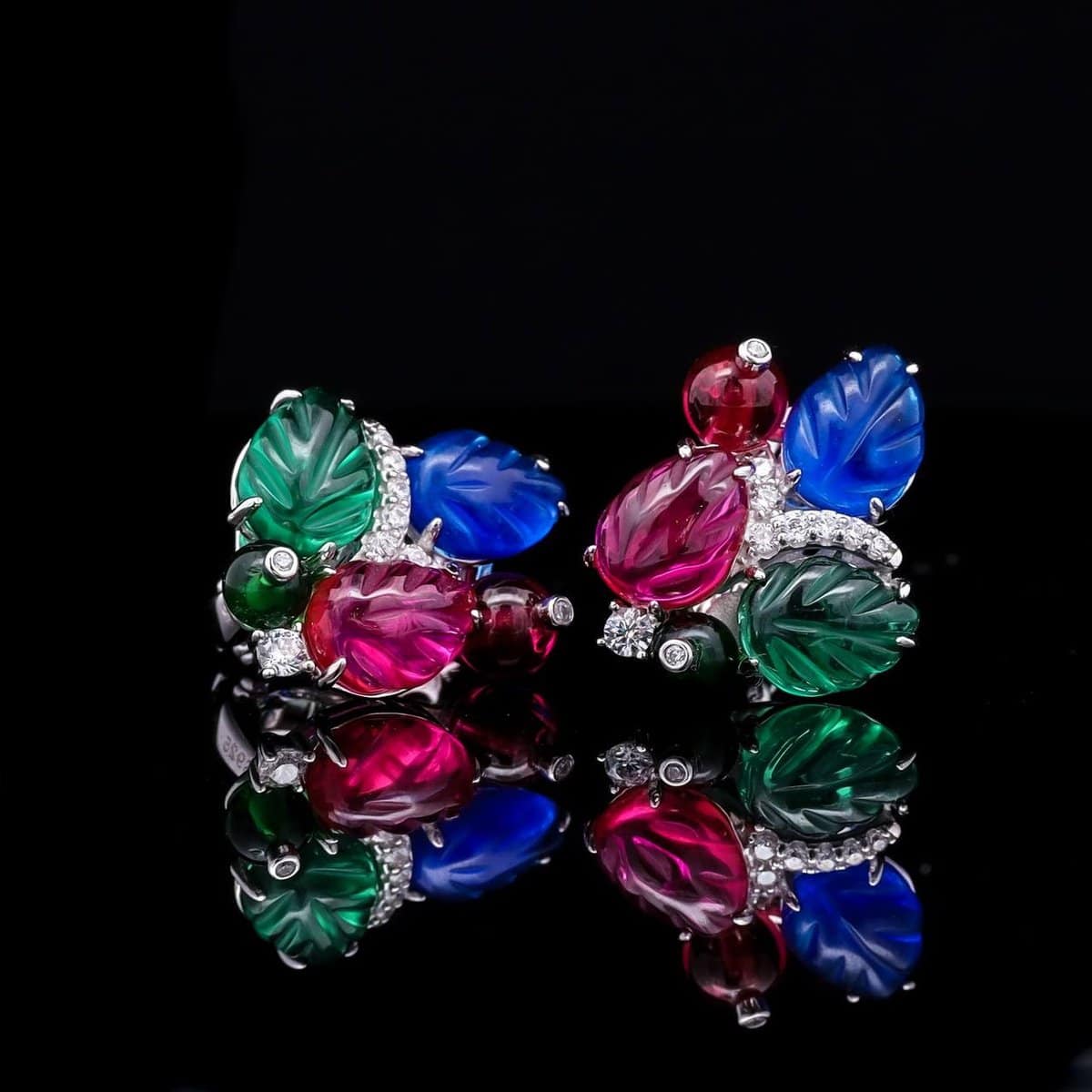 Omnia Multicolor Leaf Clip-On Earrings with Simulated Diamonds and Vibrant Gemstone Design in 92.5 Silver - OMNIASTORES UAE