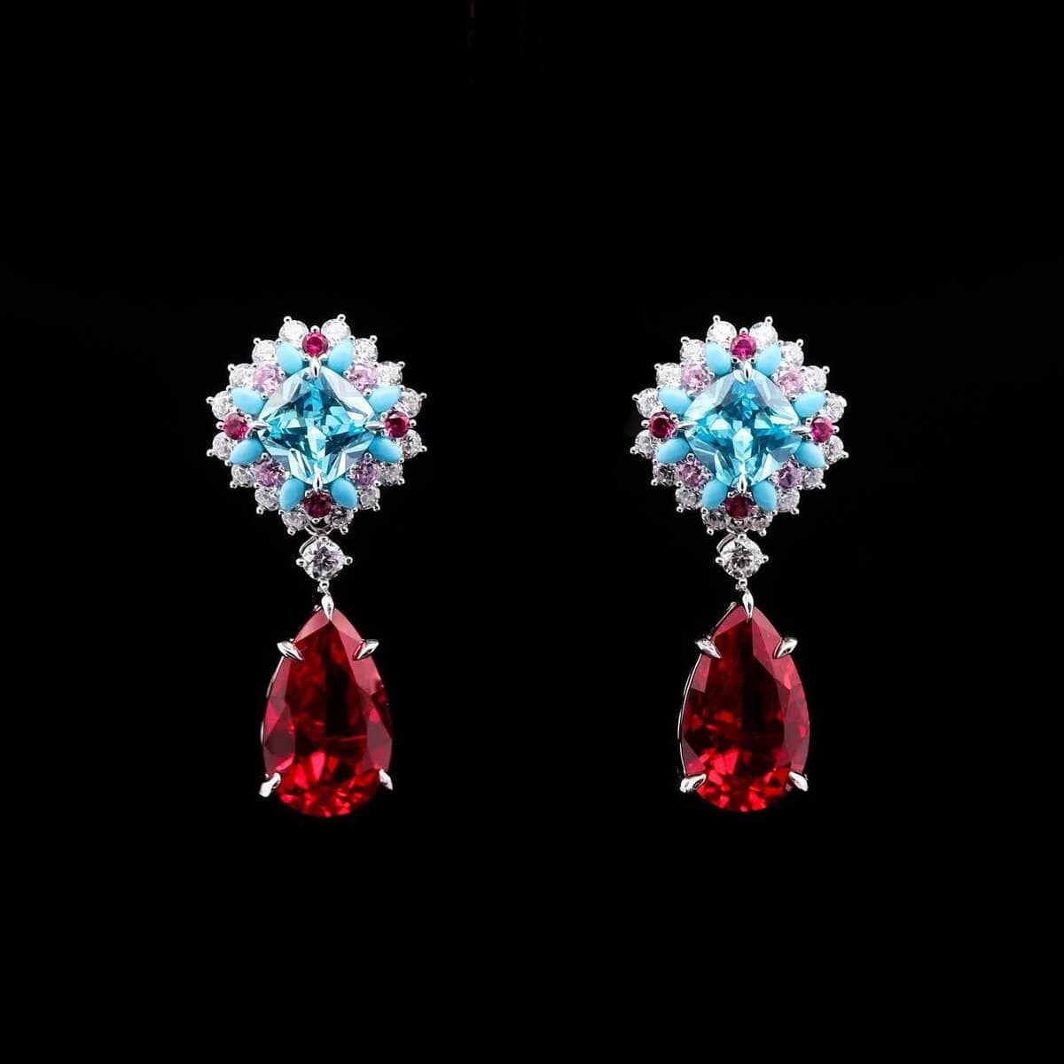 Omnia Radiant Drop Earrings with Sky Blue and Ruby Red Teardrop Stones in 92.5 Silver - OMNIASTORES UAE