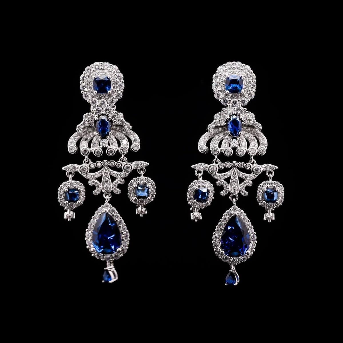 Omnia Amani Chandelier Earrings with Sapphire Blue Simulated Diamonds in 92.5 Silver - OMNIASTORES UAE