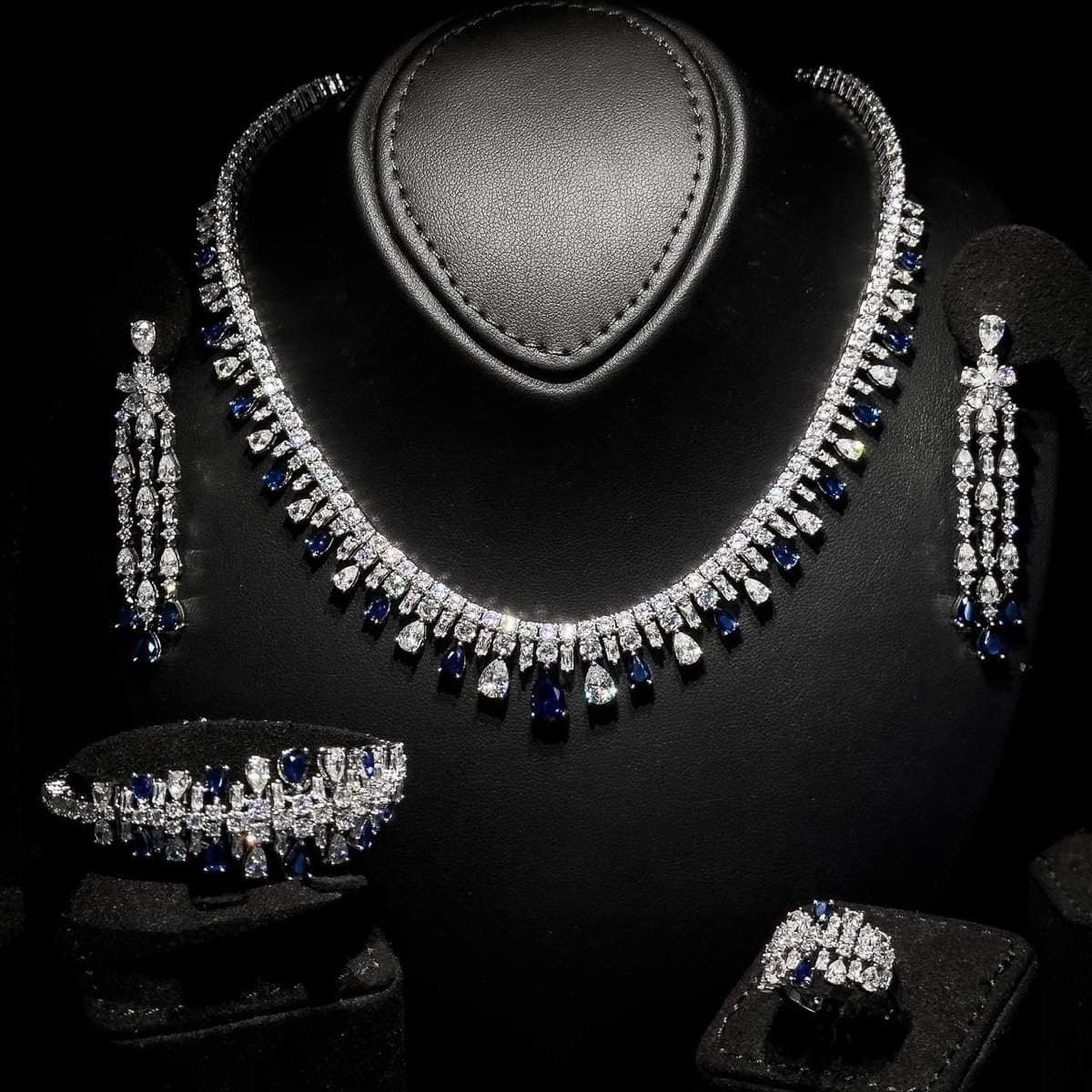 Omnia Nisrine Blue Bridal Full Set in High Quality Zircon Stone in Rhodium Plated
