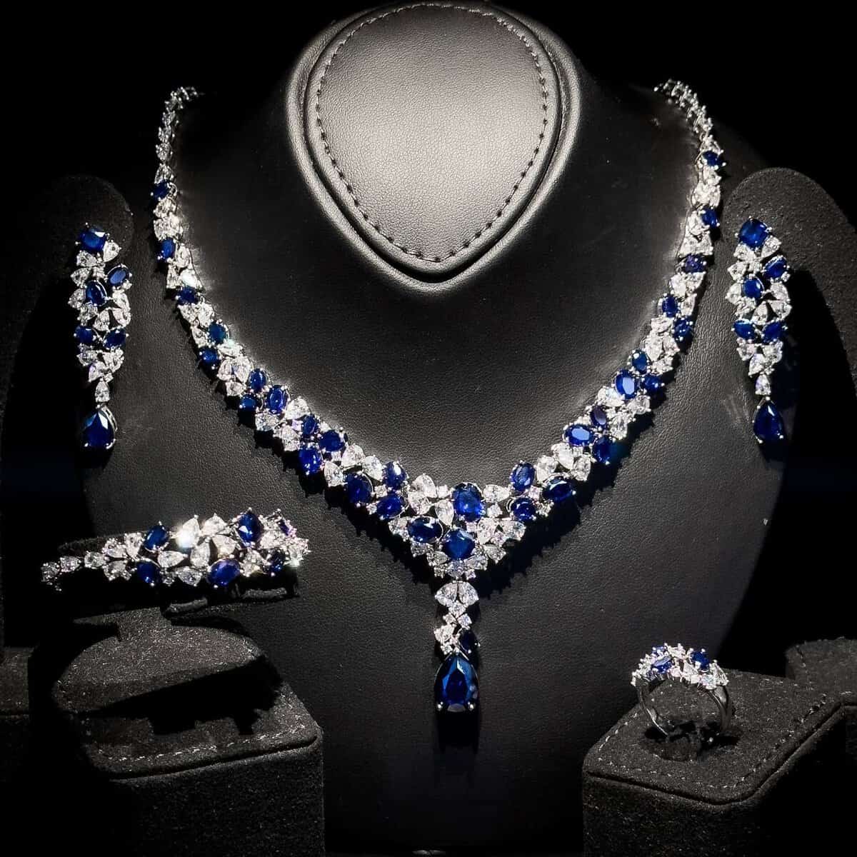 Omnia Reman Blue Bridal Full Set in High Quality Zircon Stone in Rhodium Plated - OMNIASTORES UAE