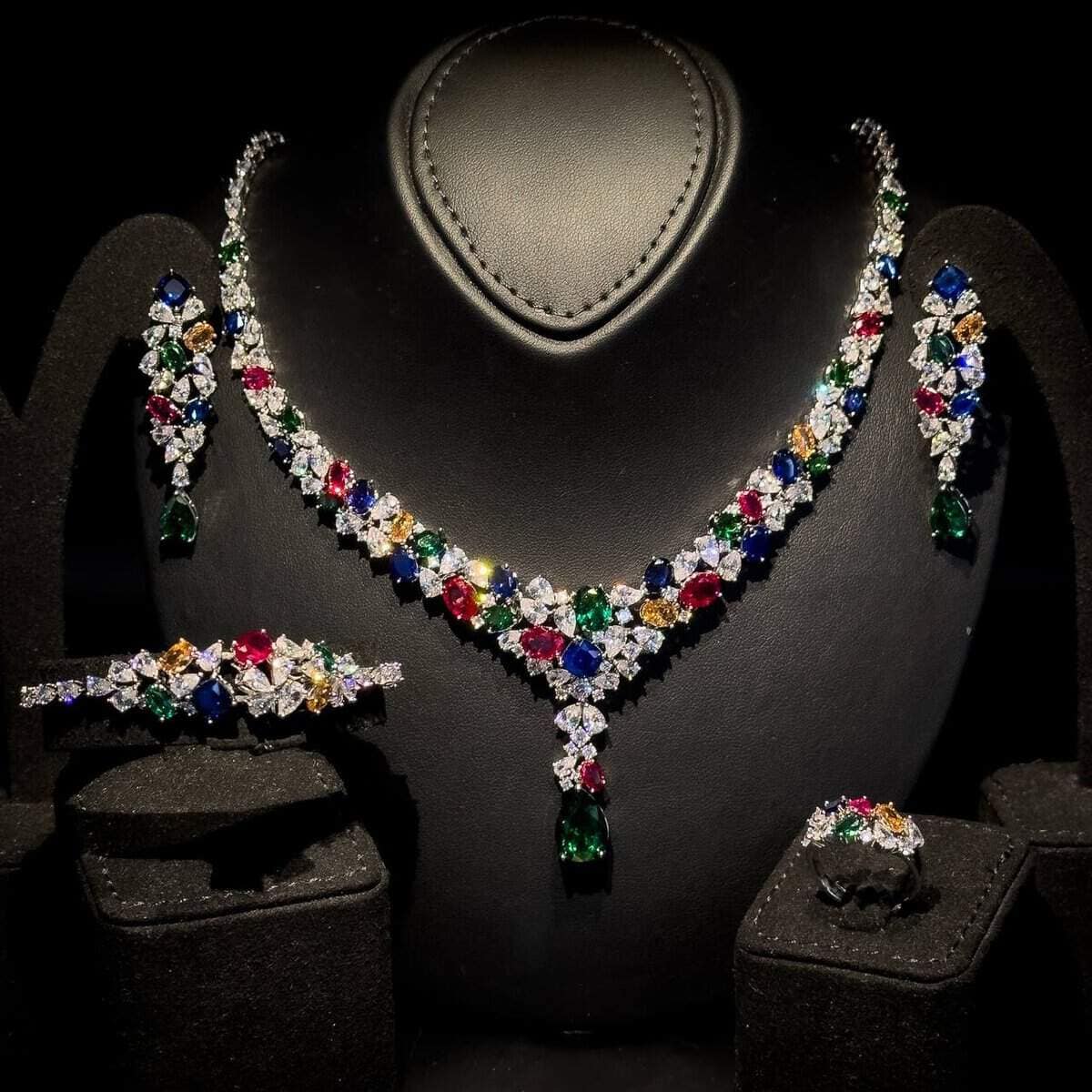 Omnia Reman Multi-color Bridal Full Set in High Quality Zircon Stone in Rhodium Plated - OMNIASTORES UAE