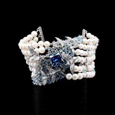 Omnia Blue Butterfly Pearl Bracelet in 92.5 Silver with High Quality Simulated Diamonds