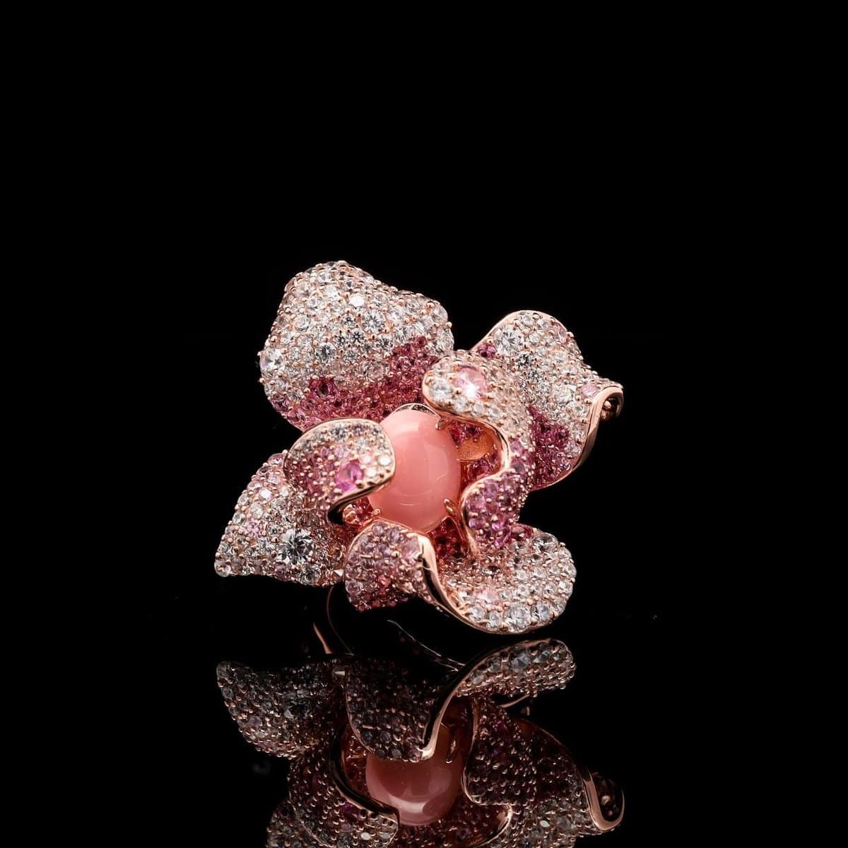 Omnia Pink Orchid Ring in 92.5 Silver with High Quality Simulated Diamonds and Pink Stone Center - OMNIASTORES UAE