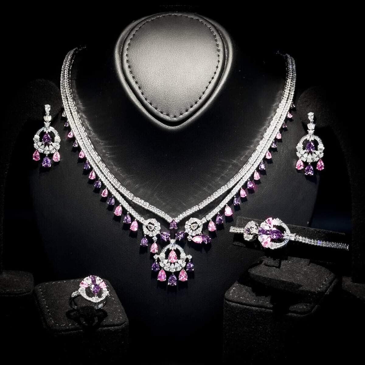 Omnia Maram Purple and Pink Bridal Full Set in 92.5 Silver with High-Quality Simulated Diamonds and Teardrop Design - OMNIASTORES UAE