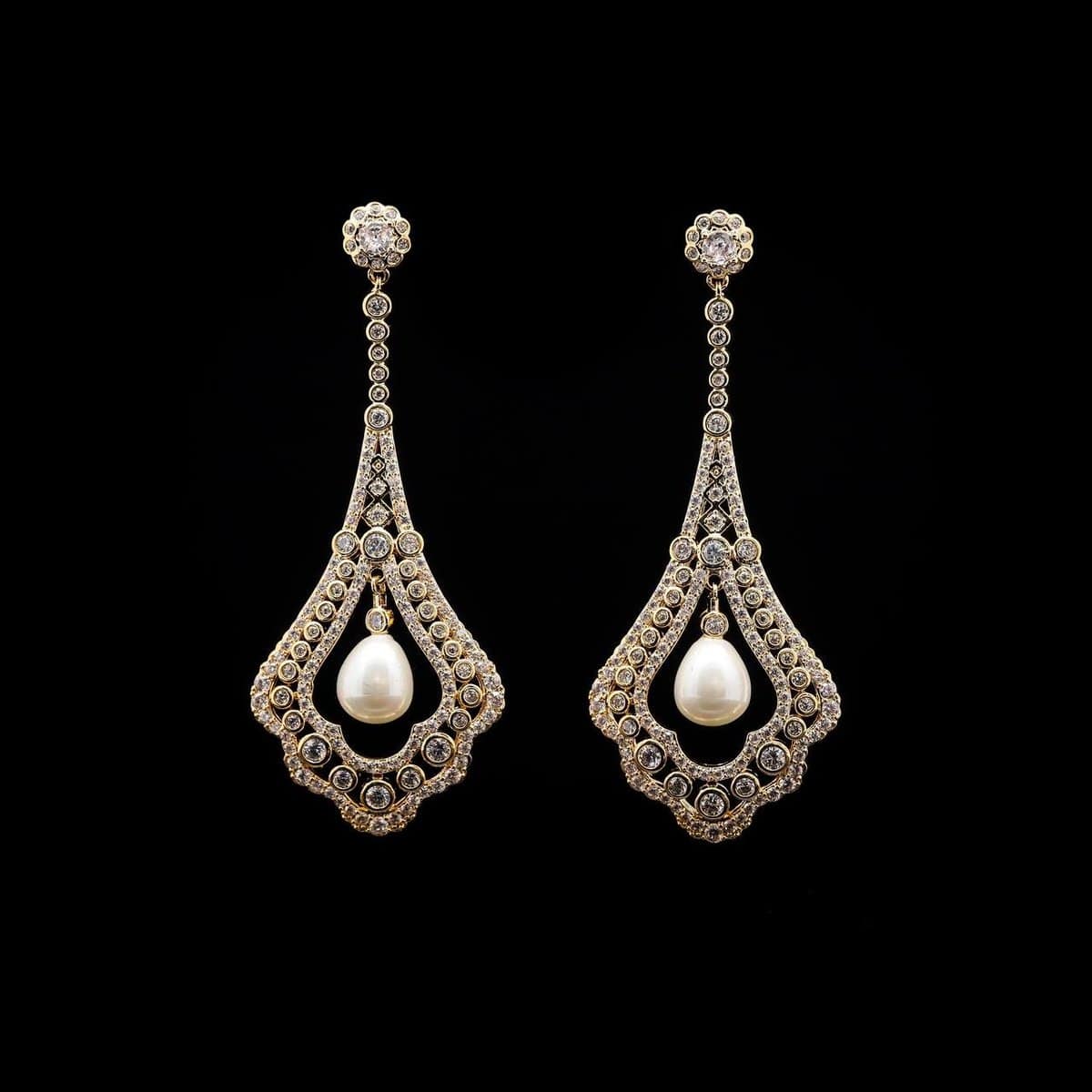 Omnia Golden Teardrop Earrings with High-Quality Zircon Stones and Pearl in Rhodium Plated - OMNIASTORES UAE