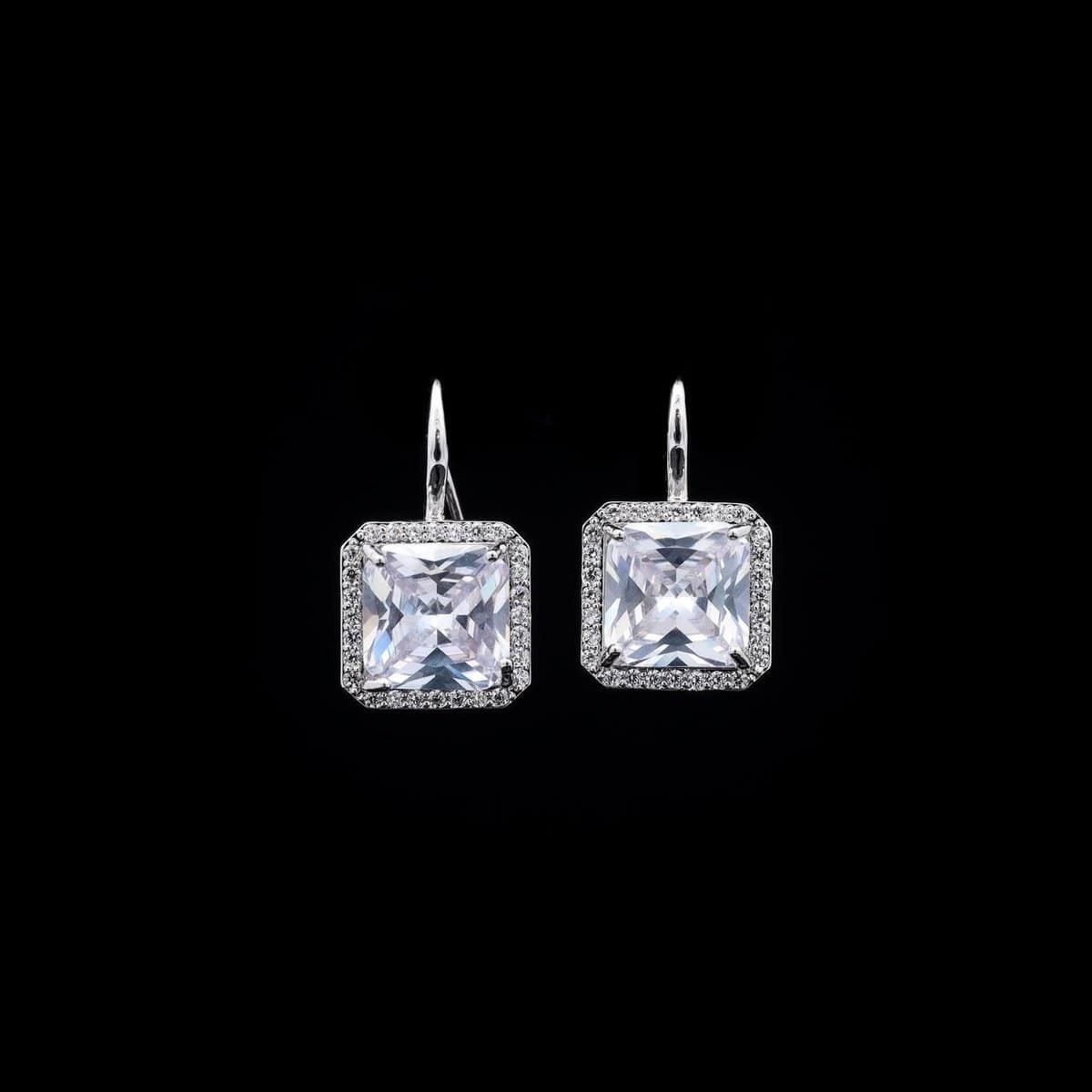 Omnia Avery Square Cut Drop Earrings with White Zircon in High-Quality Rhodium Plated - OMNIASTORES UAE