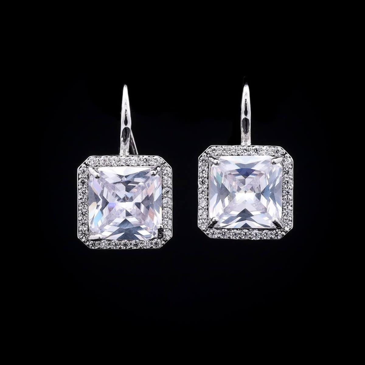 Omnia Avery Square Cut Drop Earrings with White Zircon in High-Quality Rhodium Plated - OMNIASTORES UAE
