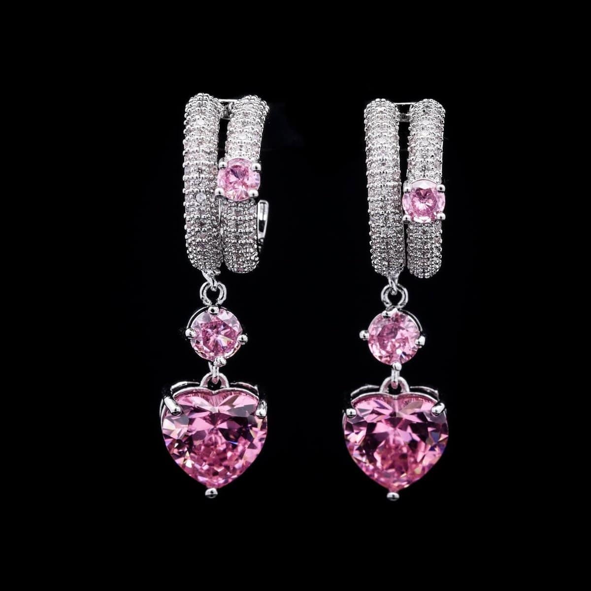 Omnia Pink Heart Drop Earrings in High-Quality Pink Zircon Stone with Double Hoop Design in Rhodium Plated - OMNIASTORES UAE