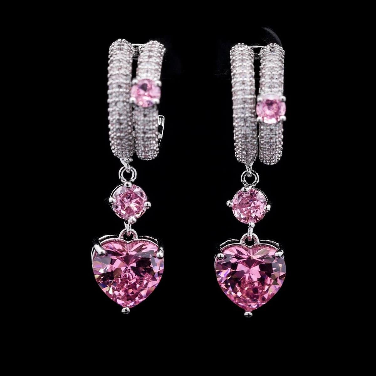 Omnia Pink Heart Drop Earrings in High-Quality Pink Zircon Stone with Double Hoop Design in Rhodium Plated - OMNIASTORES UAE