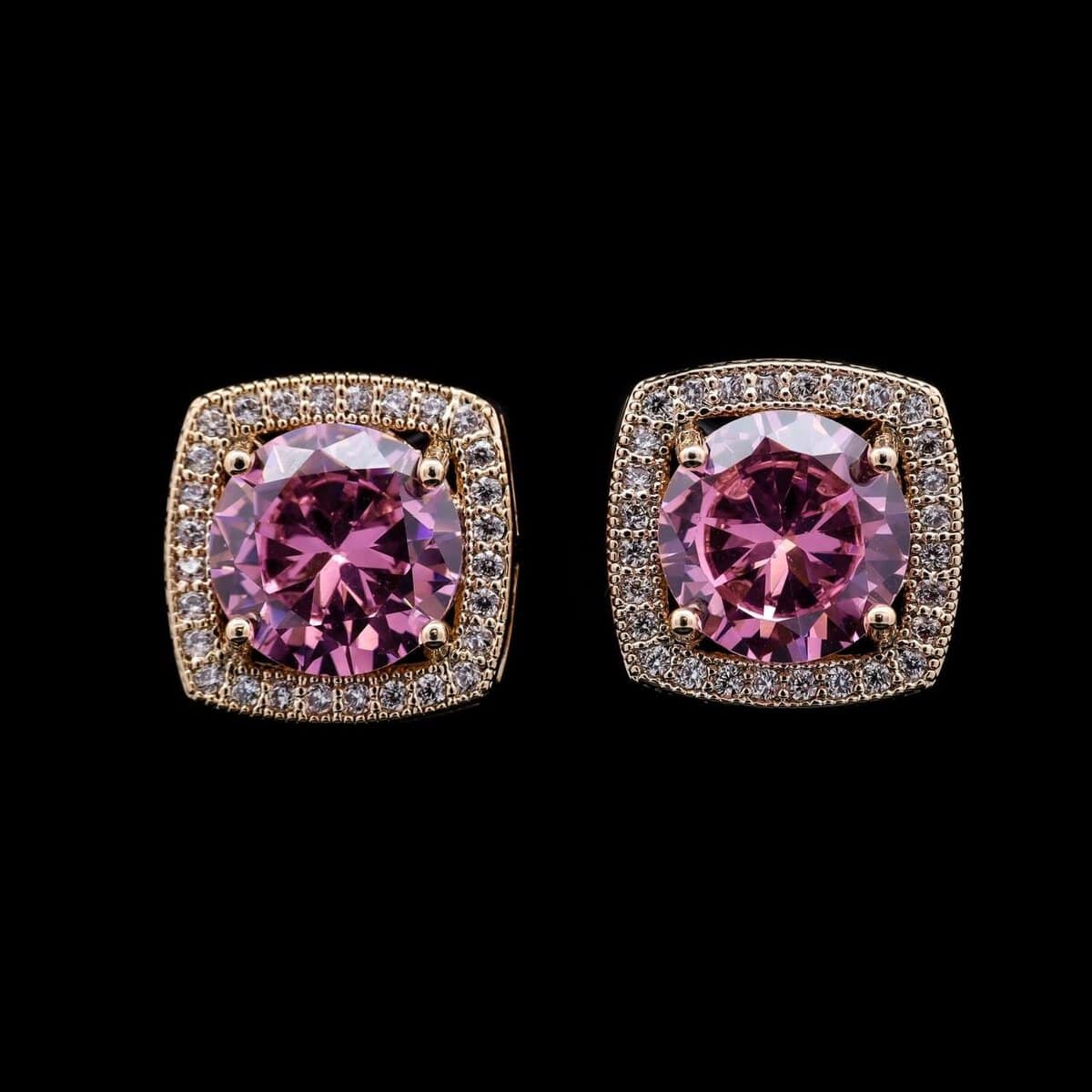Omnia Pink Golden Halo Stud Earrings in High-Quality Zircon Stone in Rhodium Plated - OMNIASTORES UAE