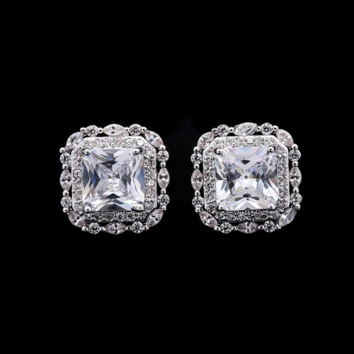 Omnia Natalie White Cushion Stud Earrings in High-Quality Zircon Stone in Rhodium Plated - OMNIASTORES UAE