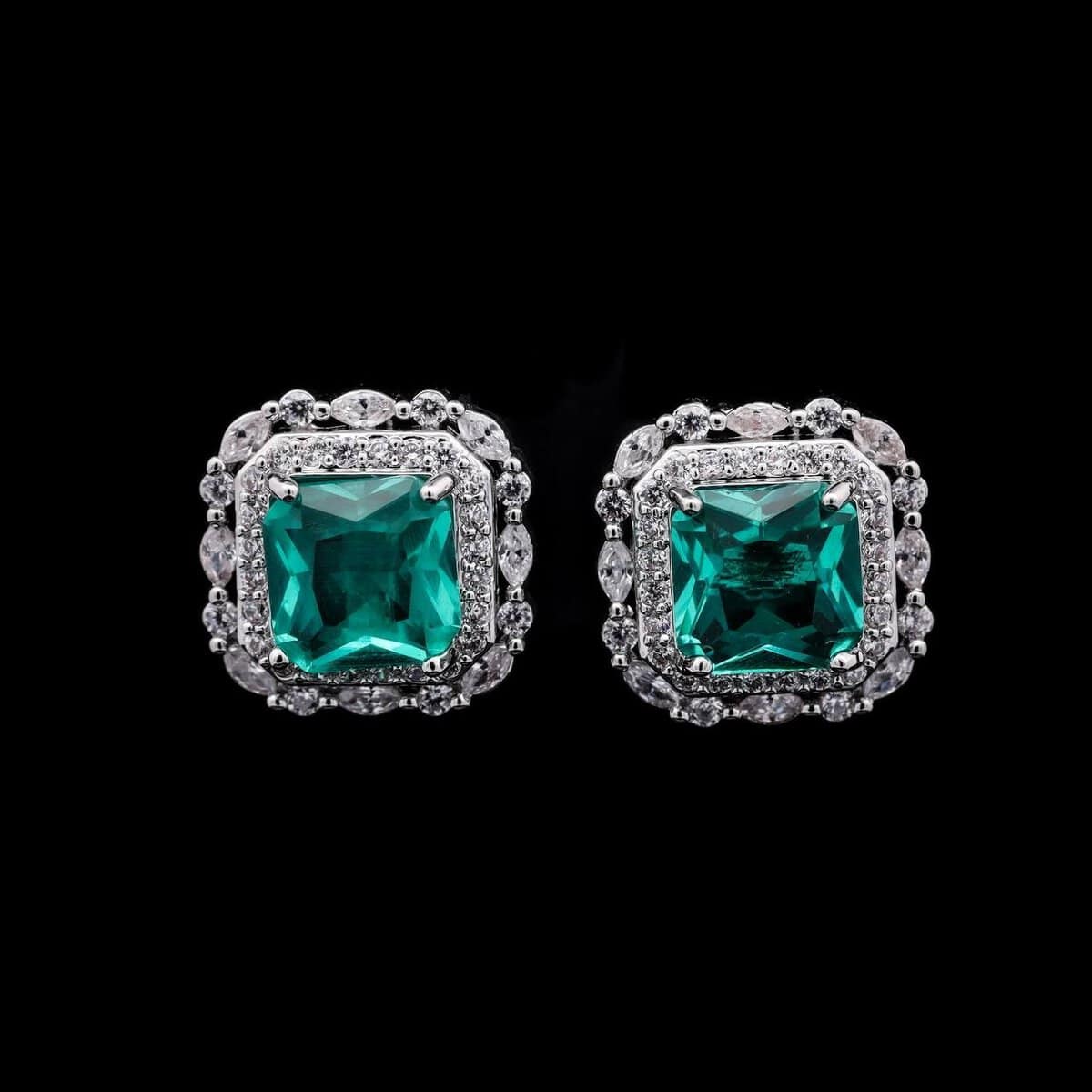 Omnia Natalie Emerald Cushion Stud Earrings in High-Quality Zircon Stone in Rhodium Plated - OMNIASTORES UAE