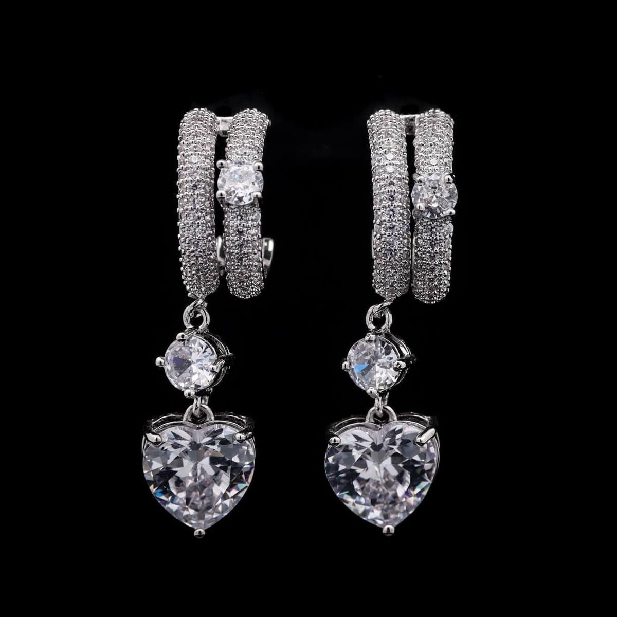 Omnia White Heart Drop Earrings in High-Quality White Zircon Stone with Double Hoop Design in Rhodium Plated - OMNIASTORES UAE