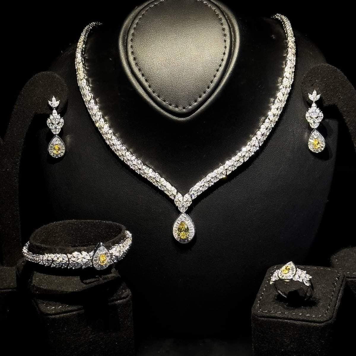 Omnia Amira Teardrop-Design Bridal Yellow Full Set with High-Quality Zircon Stones in Rhodium-Plated Finish - OMNIASTORES UAE