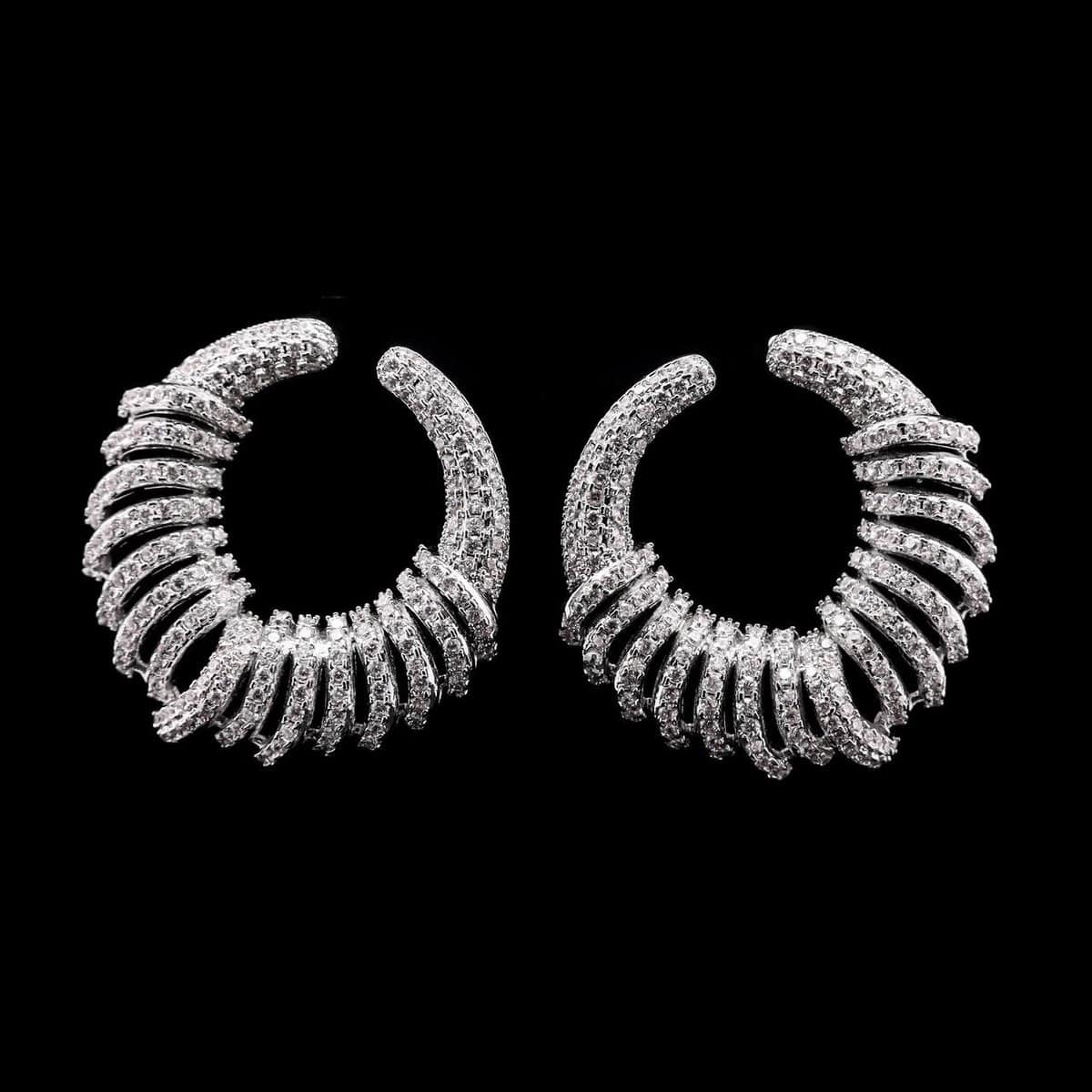 Omnia Narmeen White Spiral Hoop Earrings with High-Quality Zircon Stones in Rhodium-Plated Finish - OMNIASTORES UAE