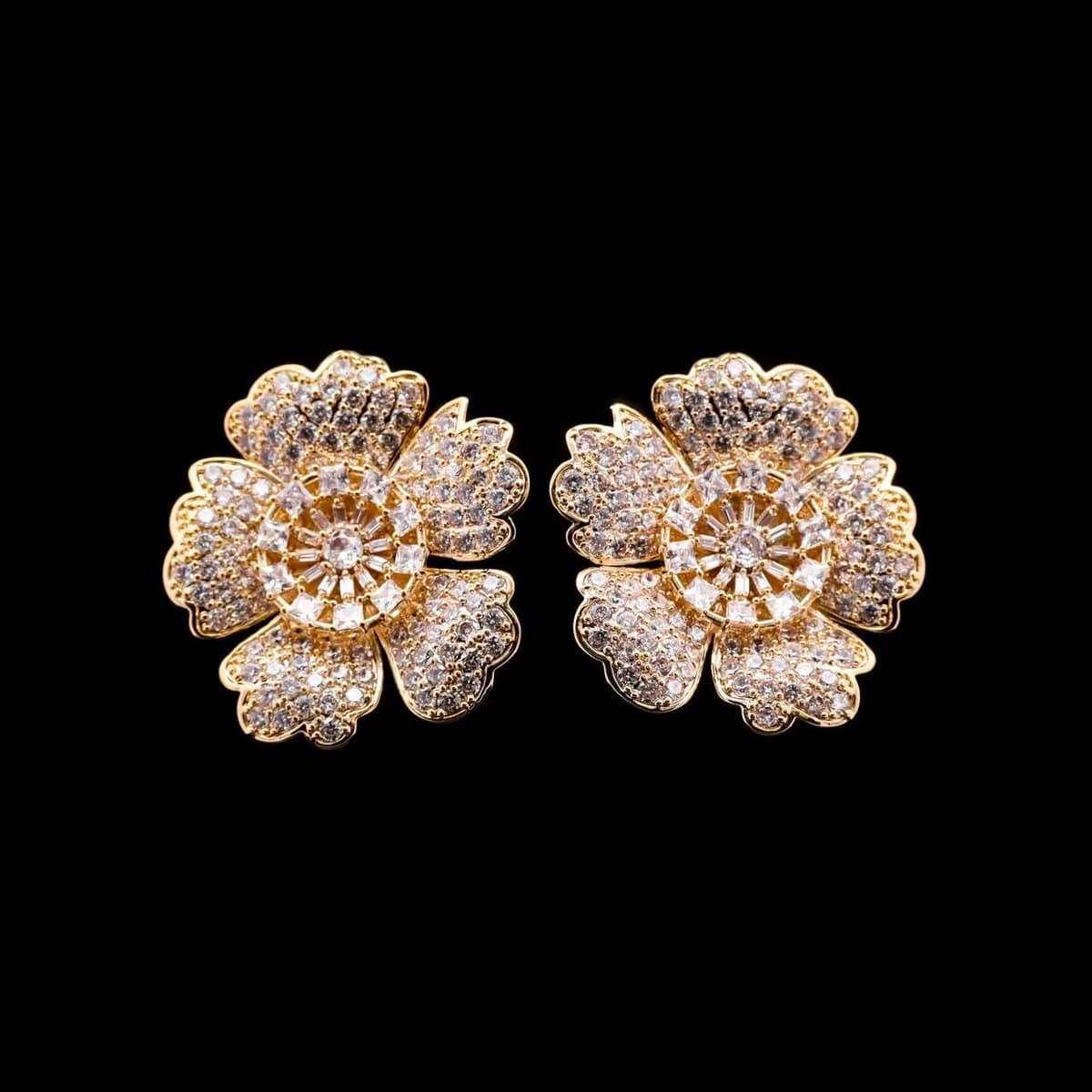 Omnia Raneem Golden Floral Stud Earrings in High-Quality Zircon Stones Rhodium-Plated Finish - OMNIASTORES UAE