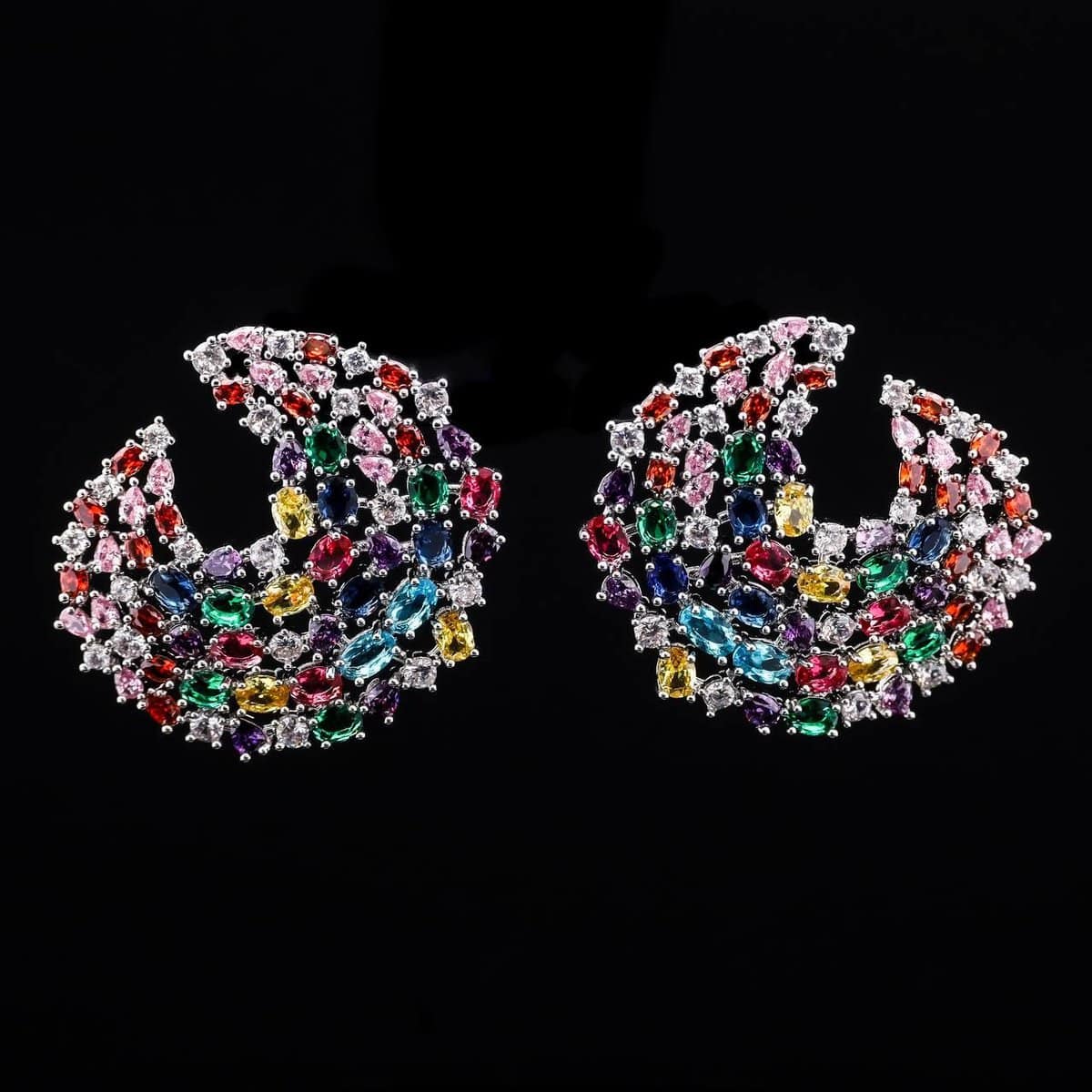 Omnia Mariam Multi-Colored Crescent Hoop Earrings with High-Quality Zircon Stones in Rhodium-Plated Finish - OMNIASTORES UAE