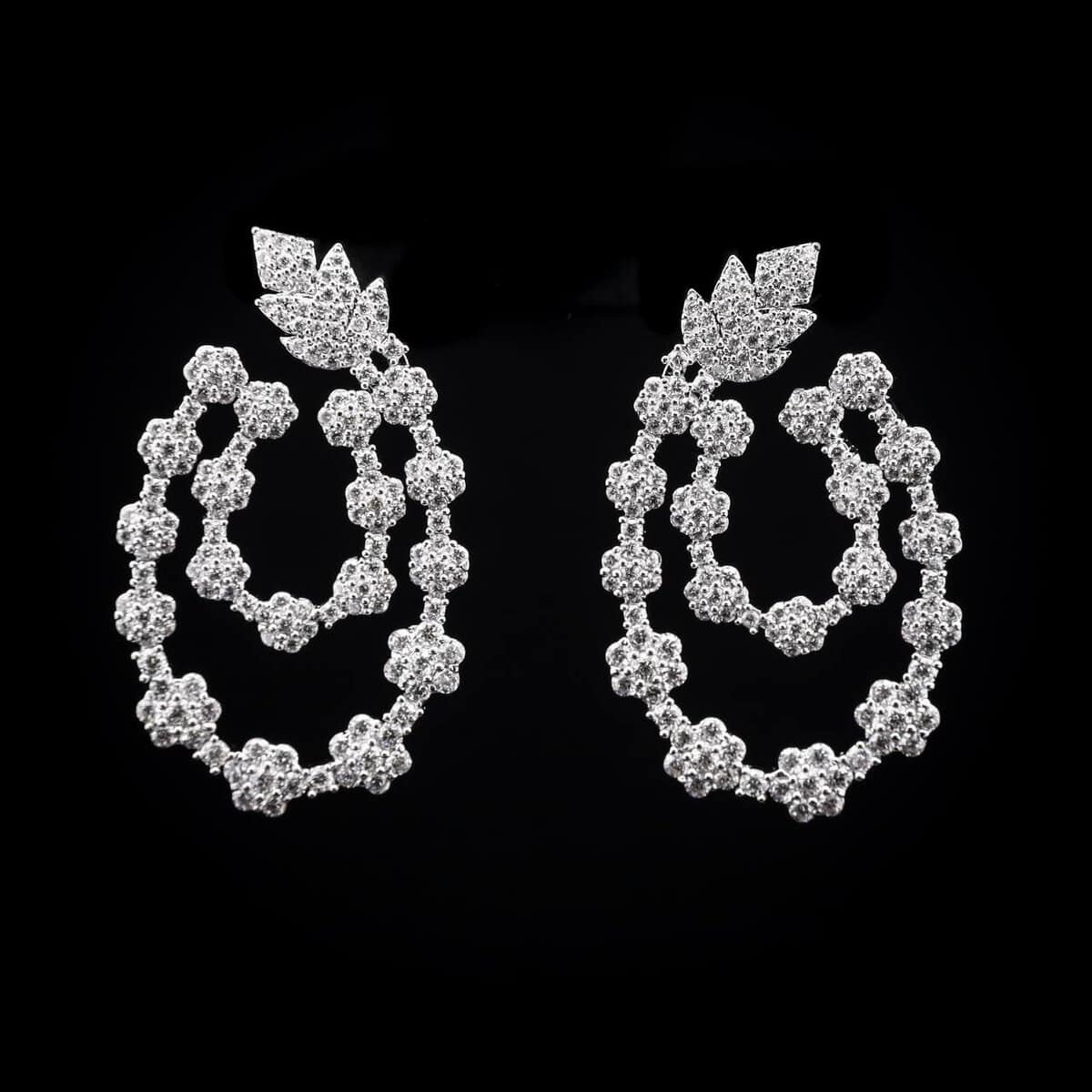 Omnia Najma Floral-Design Long Drop Earrings with High-Quality Zircon Stones in Rhodium-Plated Finish - OMNIASTORES UAE