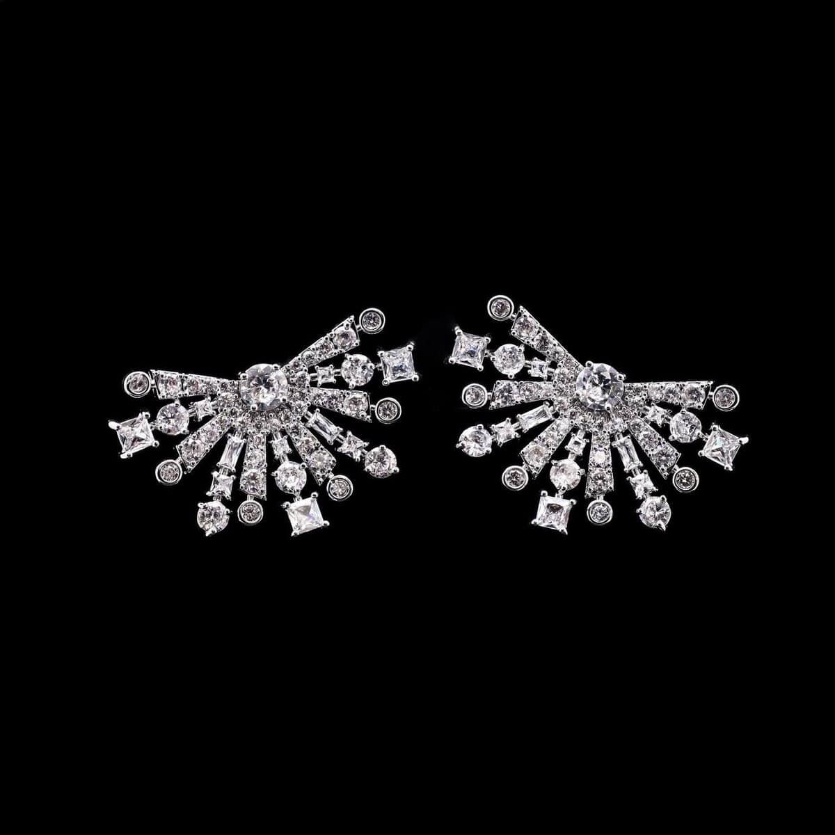 Omnia Zara Radiant Fan Design Earrings with White Zircon Stones in High-Quality Rhodium Plated - OMNIASTORES UAE