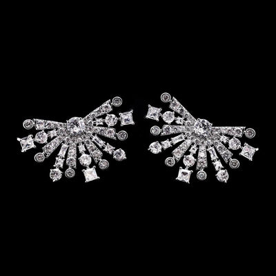 Omnia Zara Radiant Fan Design Earrings with White Zircon Stones in High-Quality Rhodium Plated