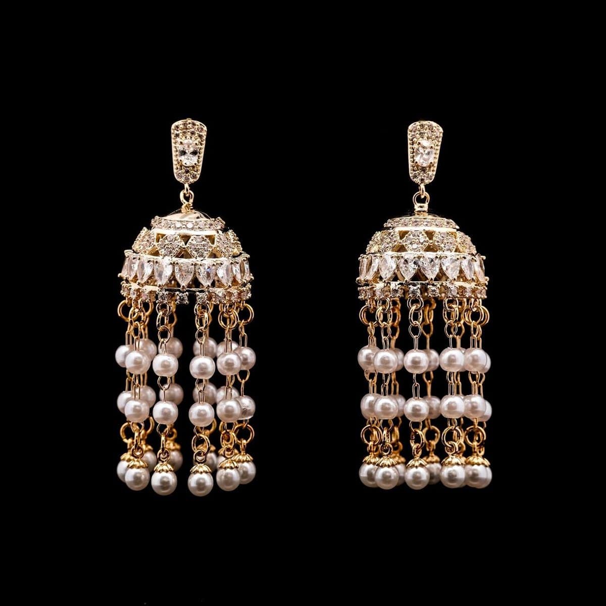 Omnia Jasmine Pearl Chandelier Earrings with High-Quality Zircon Stones in Gold-Plated Finish - OMNIASTORES UAE