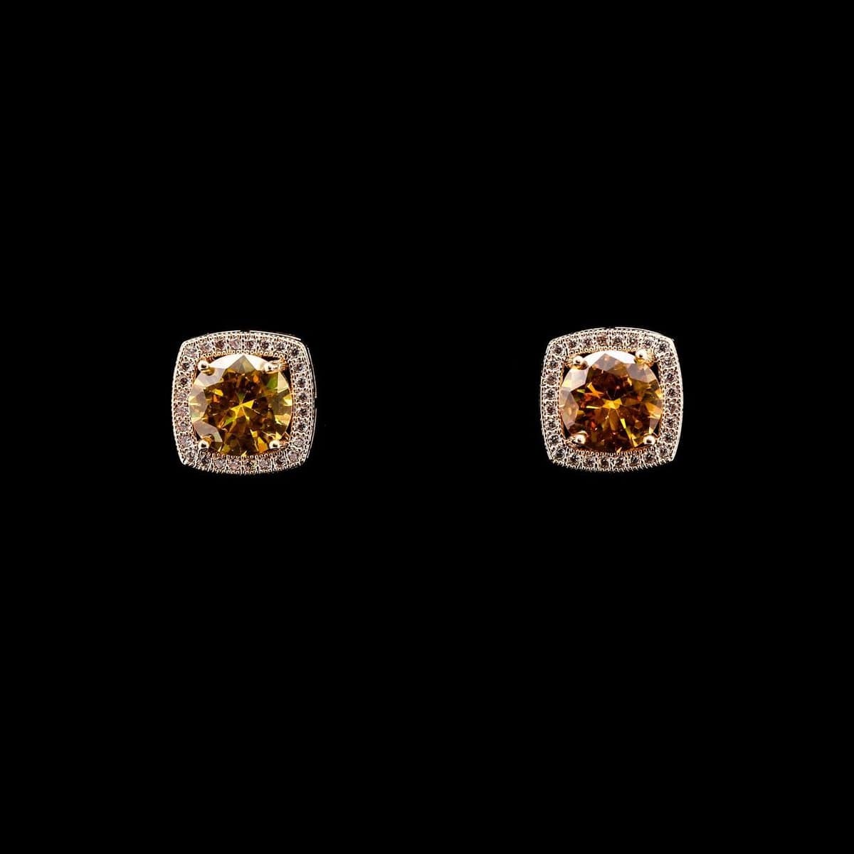 Omnia Rimas Golden Cushion-Cut Stud Earrings in High Quality Zircon Stone Rhodium Plated - OMNIASTORES UAE