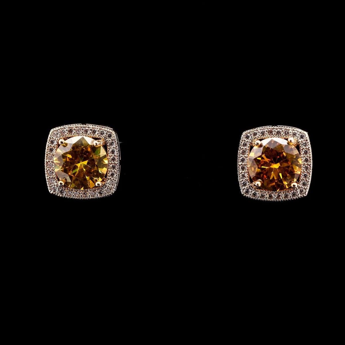 Omnia Rimas Golden Cushion-Cut Stud Earrings in High Quality Zircon Stone Rhodium Plated - OMNIASTORES UAE