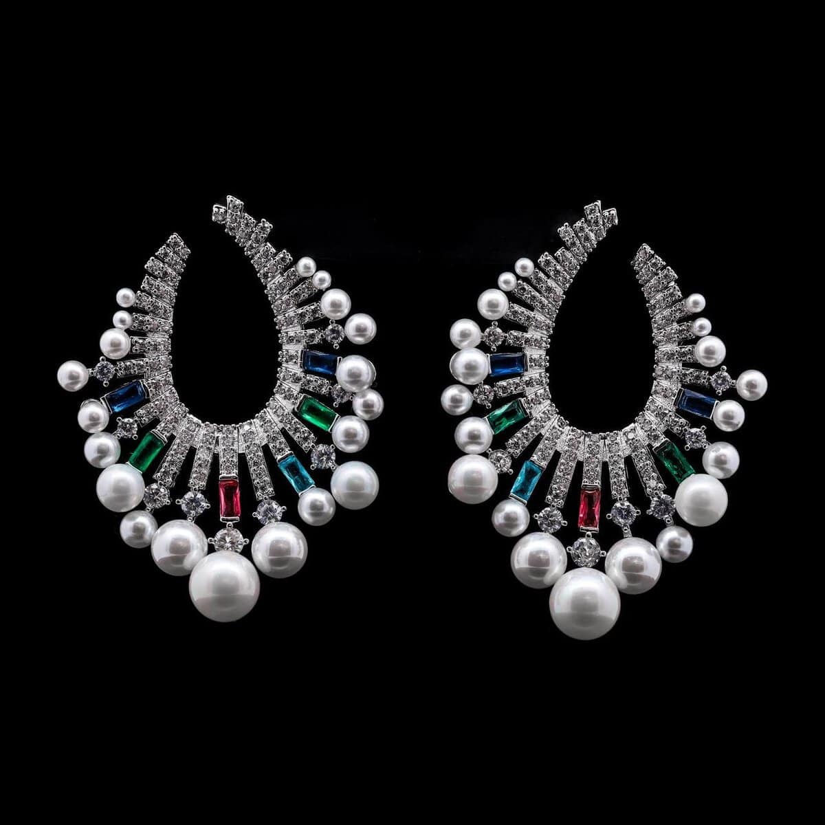 Omnia Statement Hoop Earrings in 92.5 Silver with Multicolored Baguette-Cut Zircon Stones and Lustrous Pearl Accents - OMNIASTORES UAE
