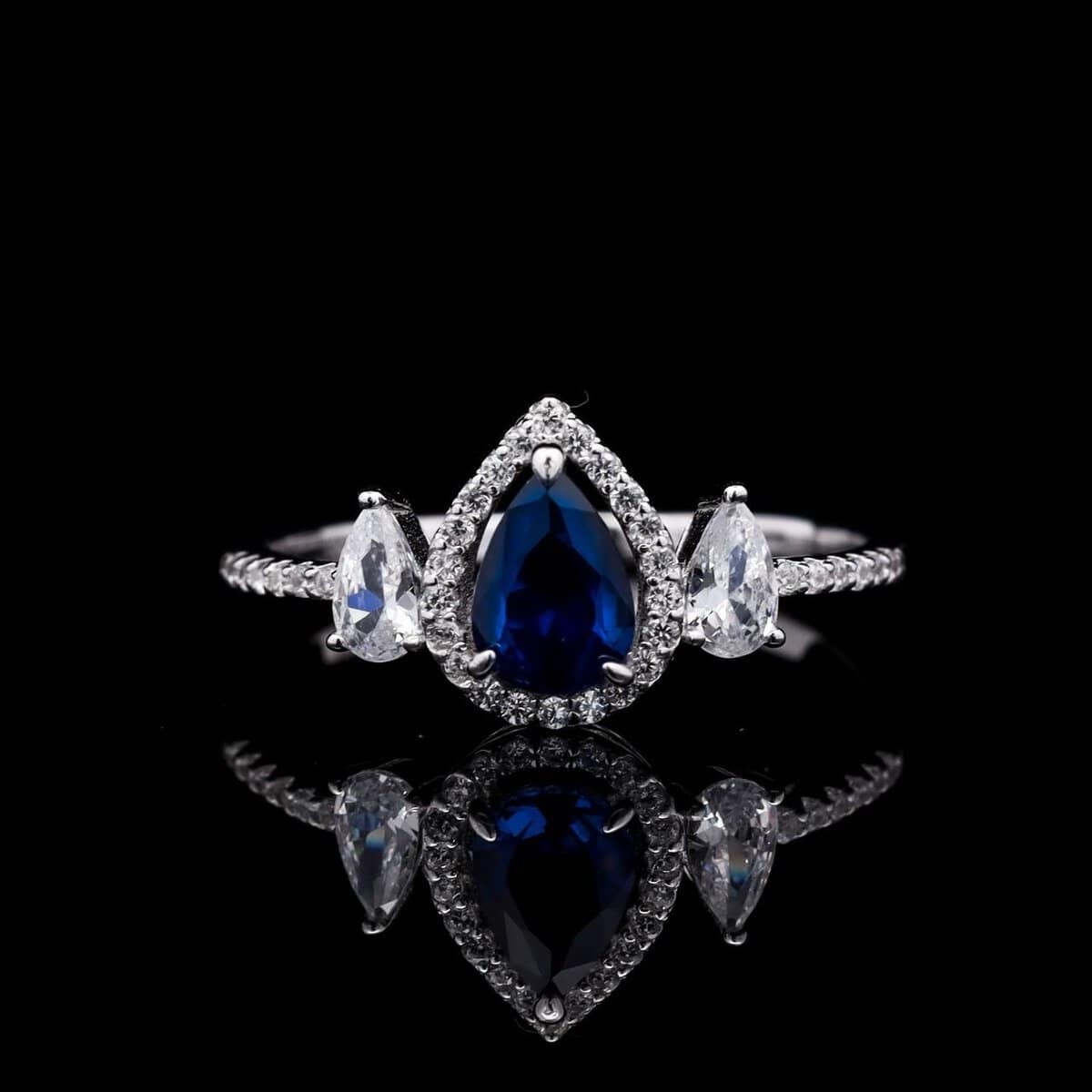 Omnia Sapphire Elegance Bridal Set in 925 Silver, Rhodium-Plated, with Pear-Cut Simulated Sapphires & Halo Accents - OMNIASTORES UAE