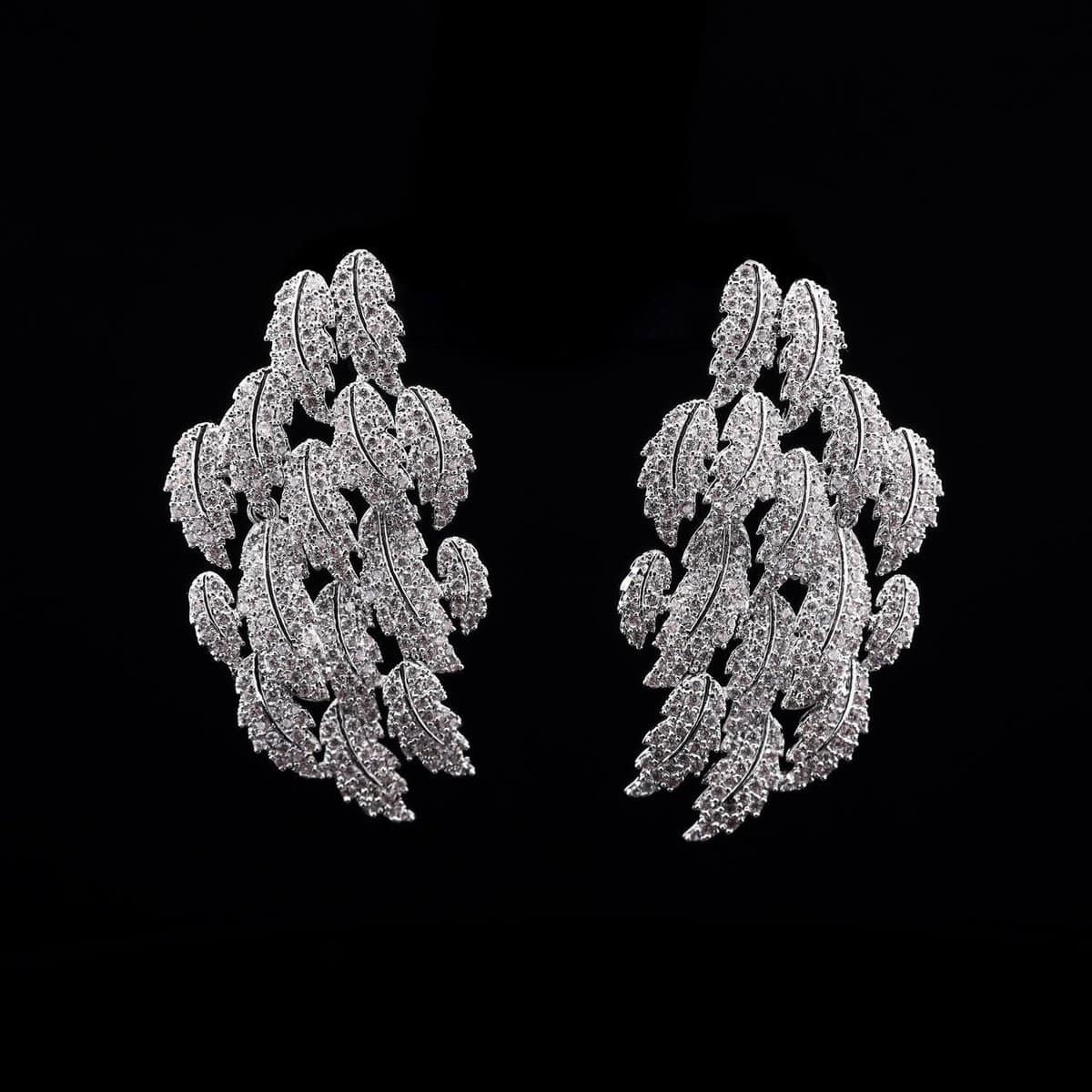 Omnia Ritaj White Leaf Cascade Earrings with Pave-Set High-Quality Zircon Stones in a Gold-Tone Rhodium Plated Finish - OMNIASTORES UAE
