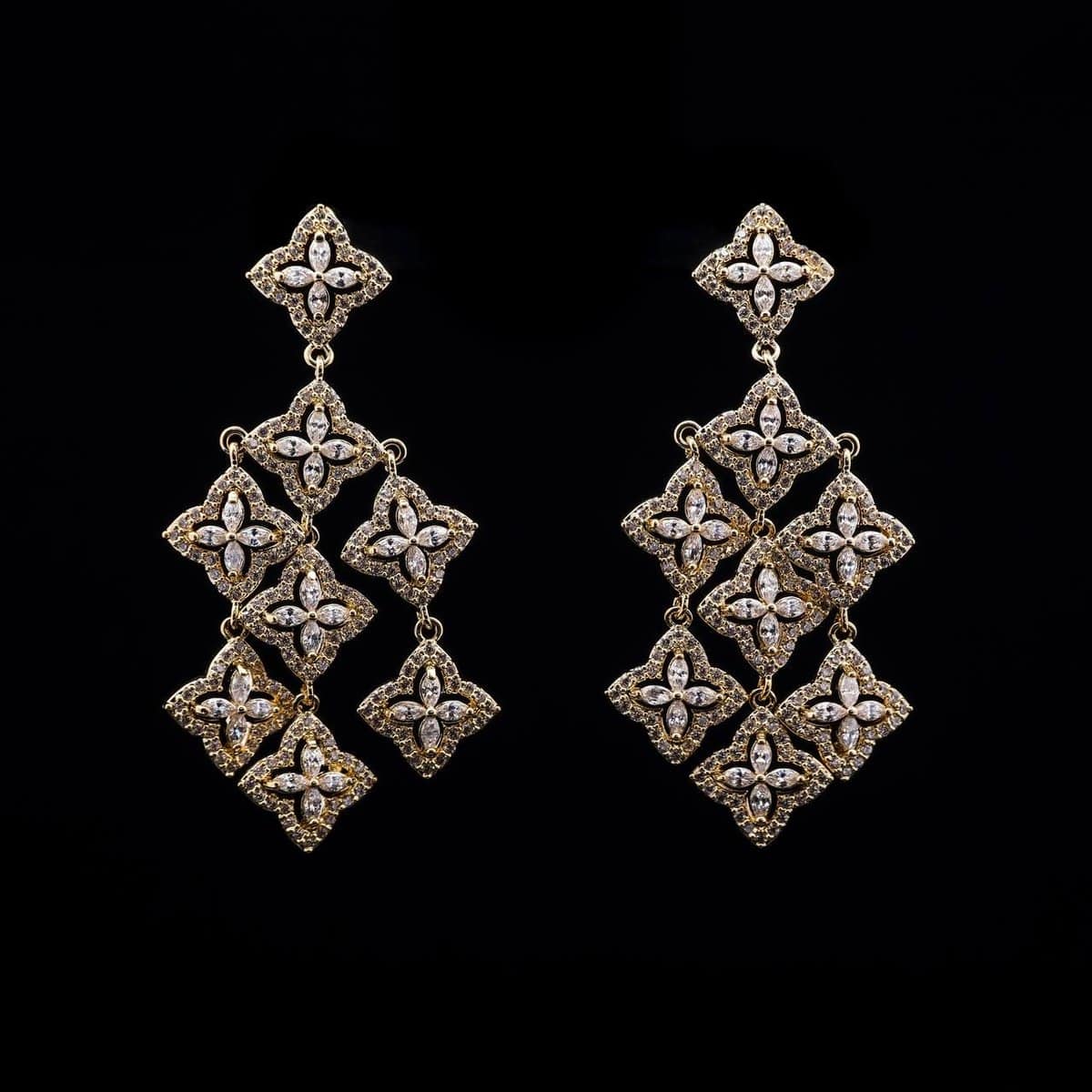 Golden Geometric Cascade Earrings with Pave-Set High-Quality Zircon Stones in a Gold-Tone Rhodium Plated Finish - OMNIASTORES UAE