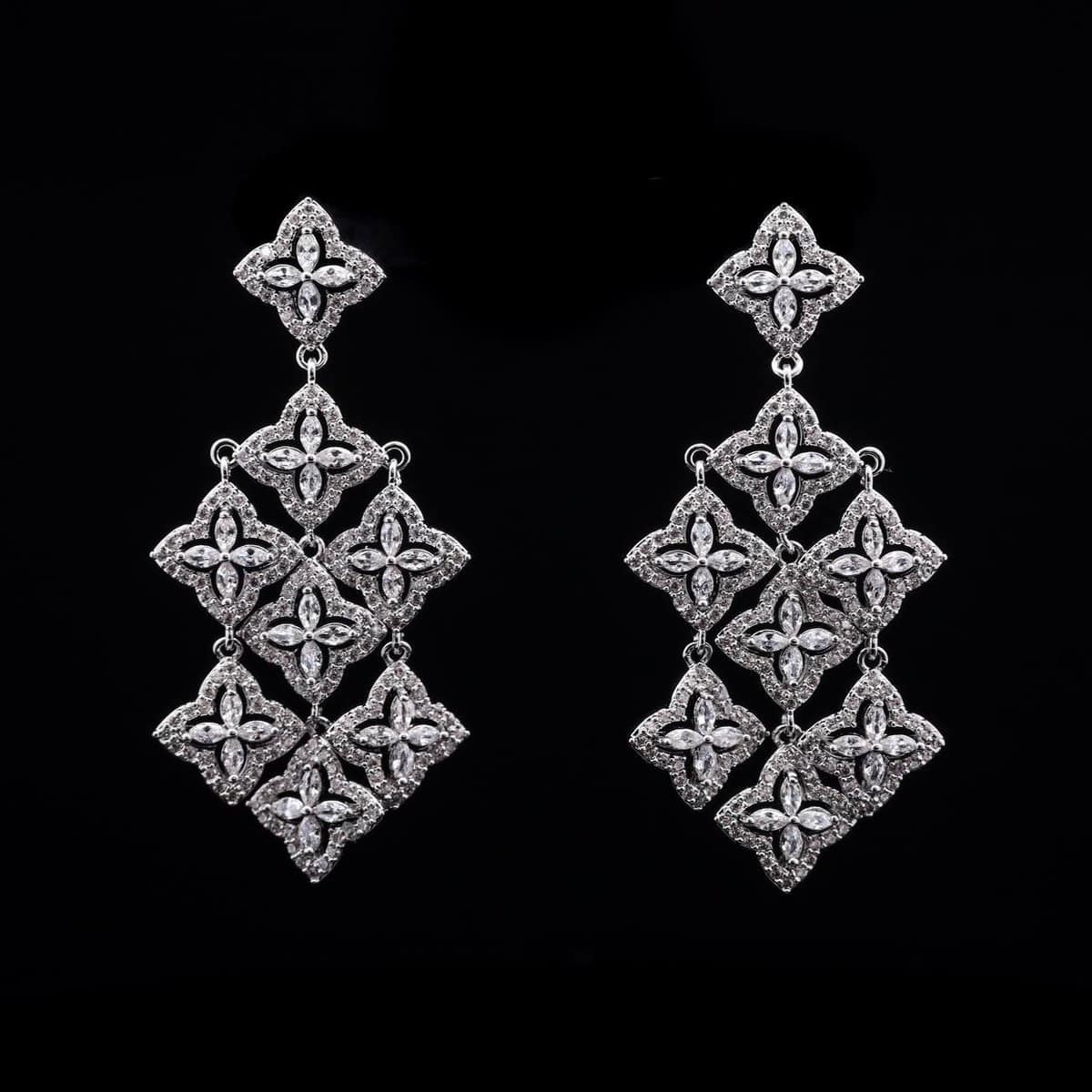 Omnia White Geometric Cascade Earrings with Pave-Set High-Quality Zircon Stones in a Gold-Tone Rhodium Plated Finish - OMNIASTORES UAE