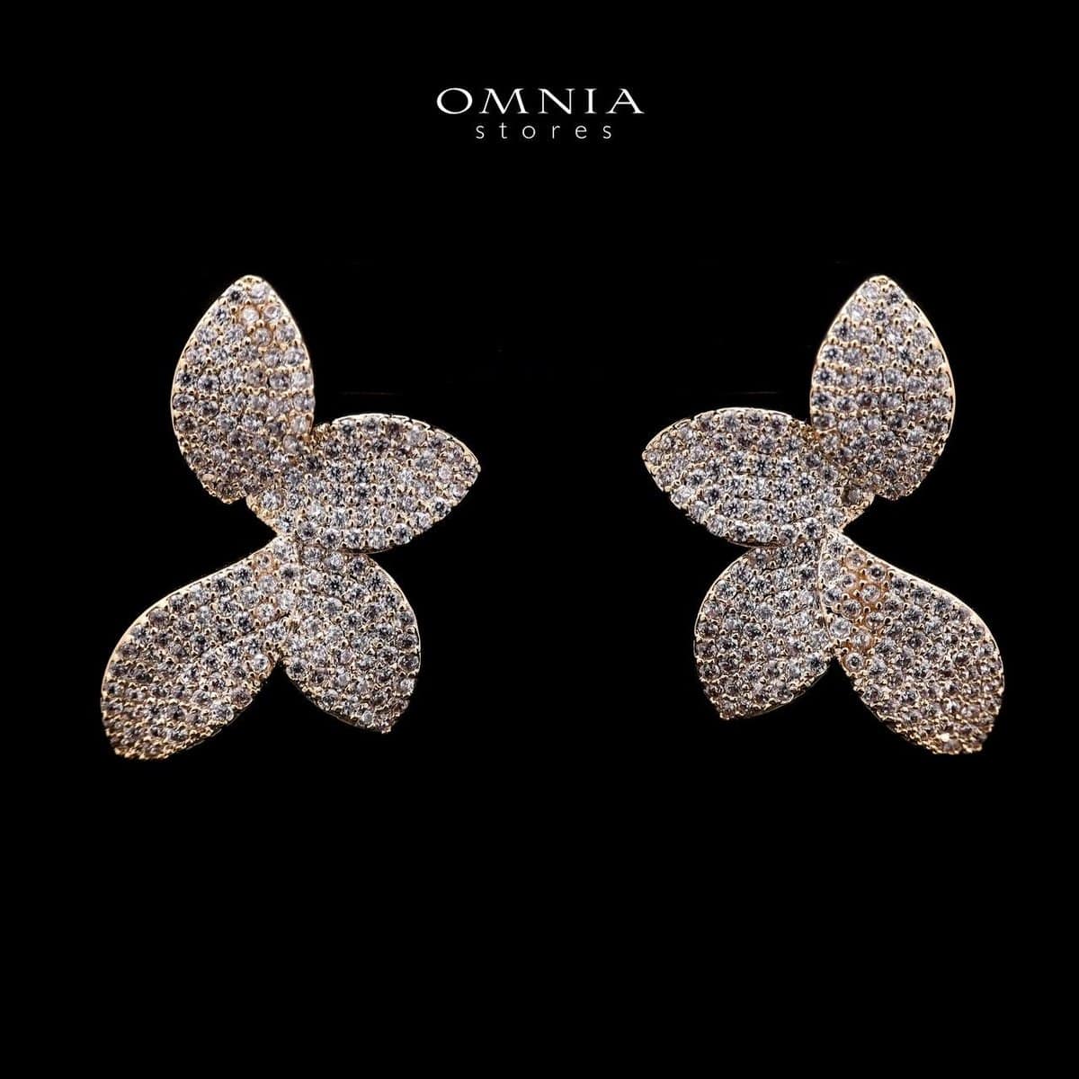 Omnia Rhina Golden Floral Petal Earrings with Pave-Set High-Quality Zircon Stones in a Gold-Tone Rhodium Plated Finish - OMNIASTORES UAE