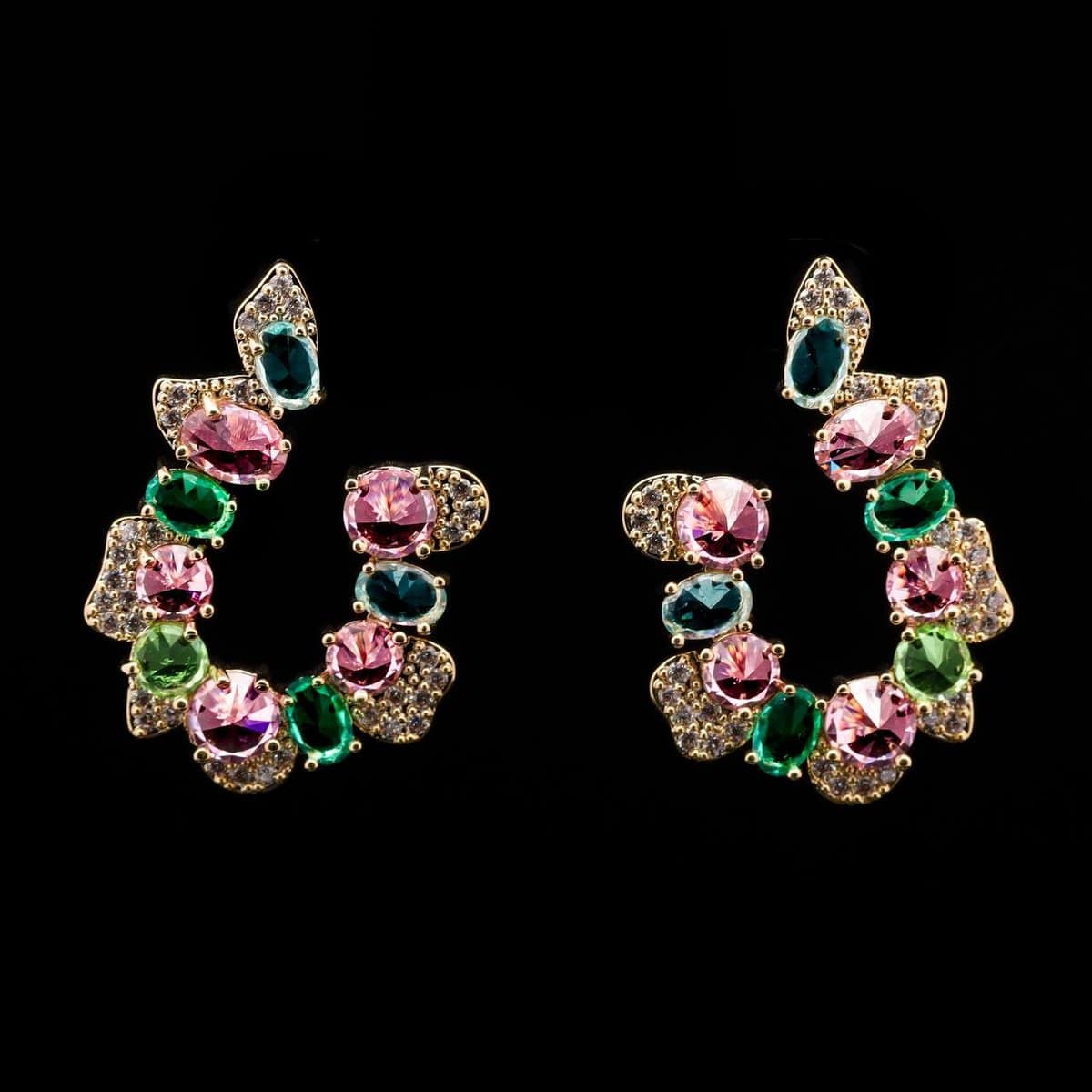 Omnia Samia Multi-Colored Hoop Earrings with Pink, Green, and Blue High-Quality Zircon Stones in a Gold-Tone Rhodium Plated Finish - OMNIASTORES UAE