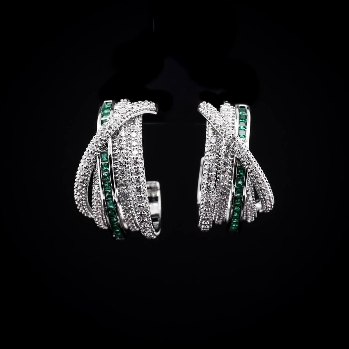 Omnia Emerald Radiance Double Tone Wrap Hoop Earrings in High Quality Rhodium Plated - OMNIASTORES UAE