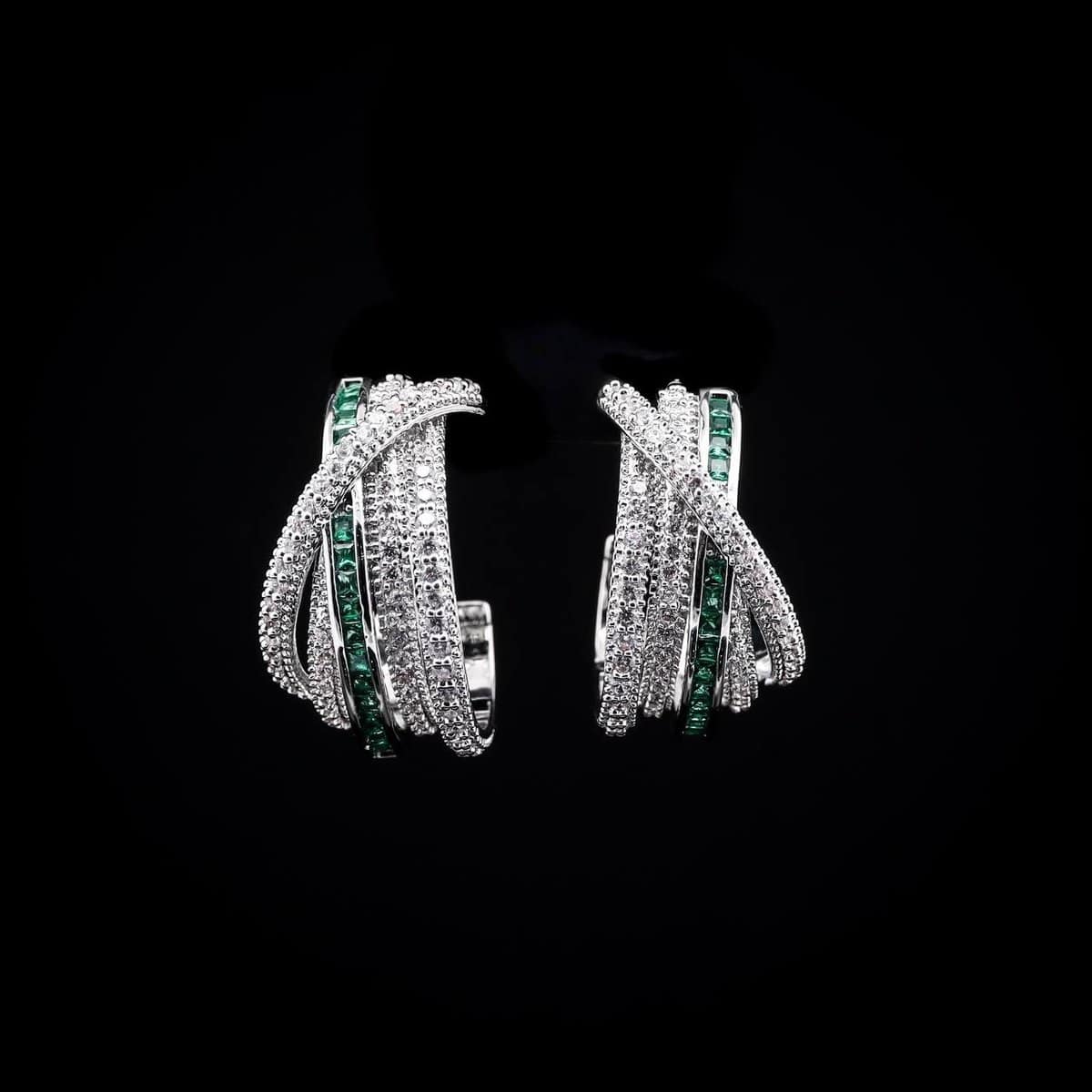 Omnia Emerald Radiance Double Tone Wrap Hoop Earrings in High Quality Rhodium Plated - OMNIASTORES UAE