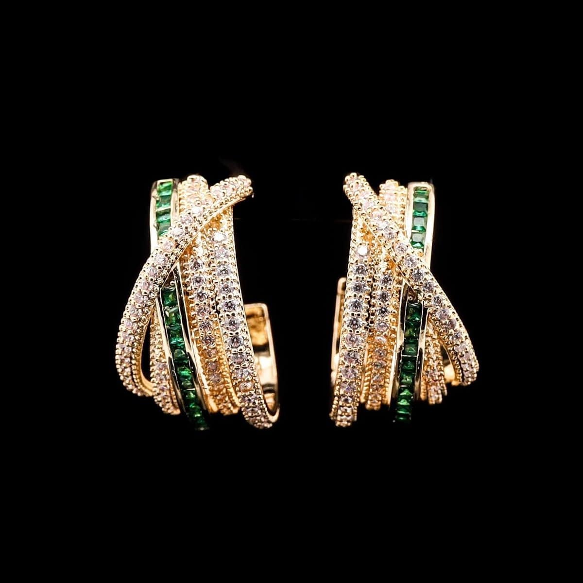 Omnia Emerald Glow Double Tone Wrap Hoop Earrings in High Quality Rhodium Plated - OMNIASTORES UAE