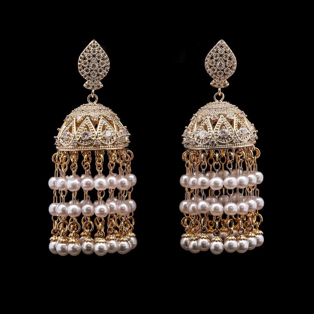 Omnia Safa Gold Earrings with Intricate Filigree Design, Pave-Set High-Quality Zircon Stones, and Layered Pearl Tassels in a Gold-Tone Rhodium Plated Finish - OMNIASTORES UAE