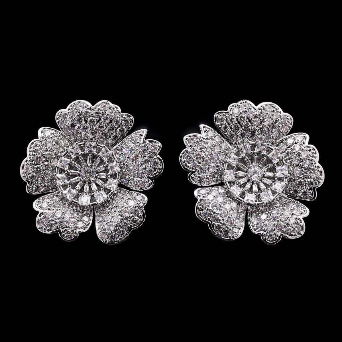 Omnia Raneem Pure White Floral Stud Earrings in High-Quality Zircon Stones in a Rhodium Plated Finish - OMNIASTORES UAE