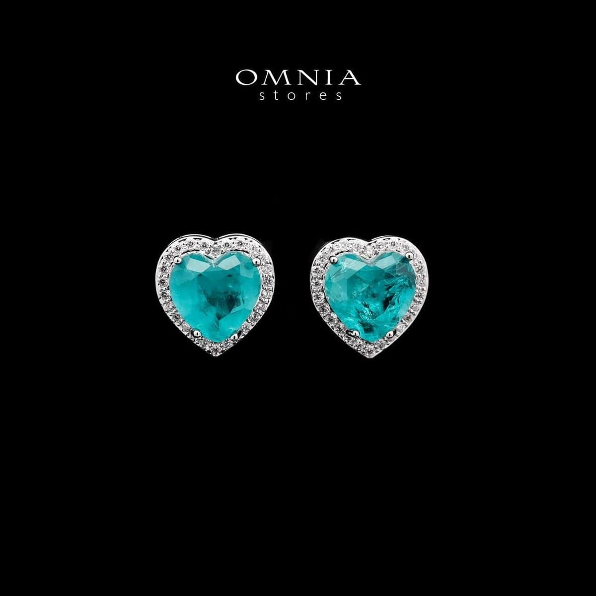 Omnia Heart-Shaped Stud Earrings with Turquoise Gemstones and High-Quality Simulated Diamonds in a Rhodium Plated Finish - OMNIASTORES UAE