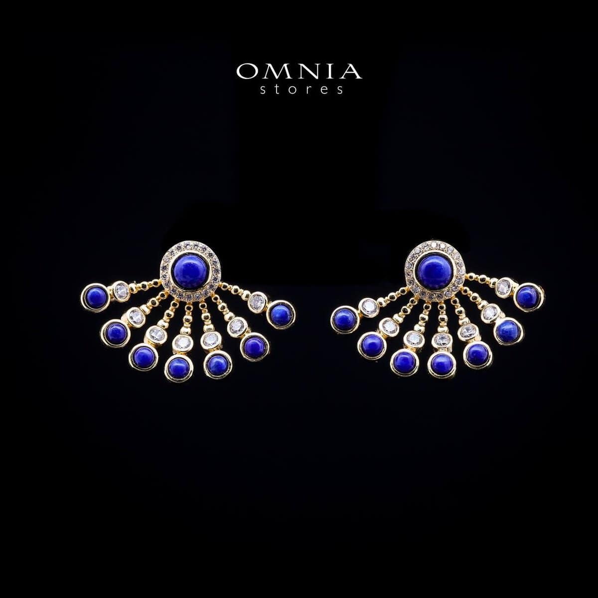 Omnia Layal Radiant Fan Lapis Earrings with Dangling Beaded Accents in Brass with Gold Plated Finish - OMNIASTORES UAE