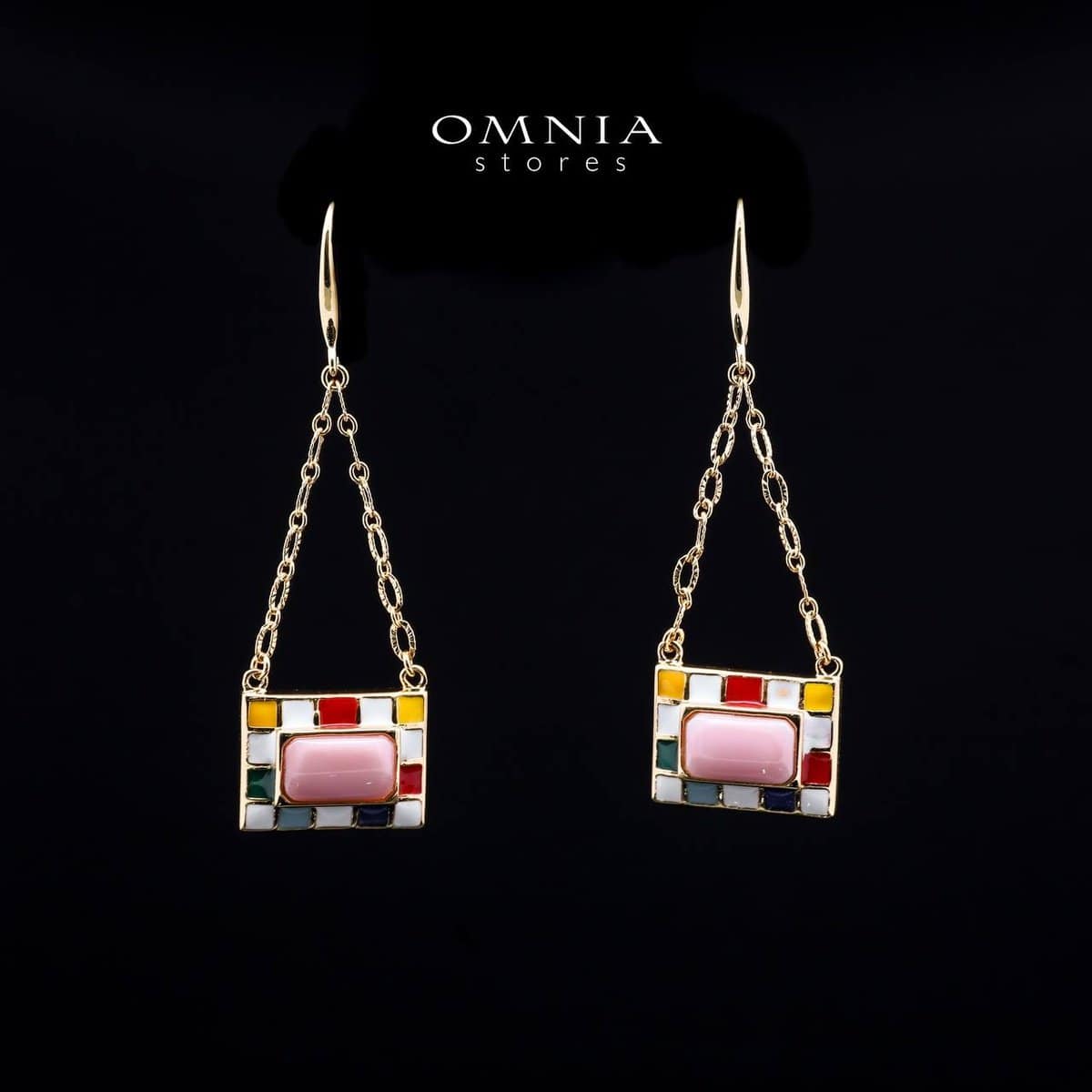 Omnia Livia Queen Shell Geometric Drop Earrings with Colorful Enamel Accents in Brass with Gold Plated Finish - OMNIASTORES UAE