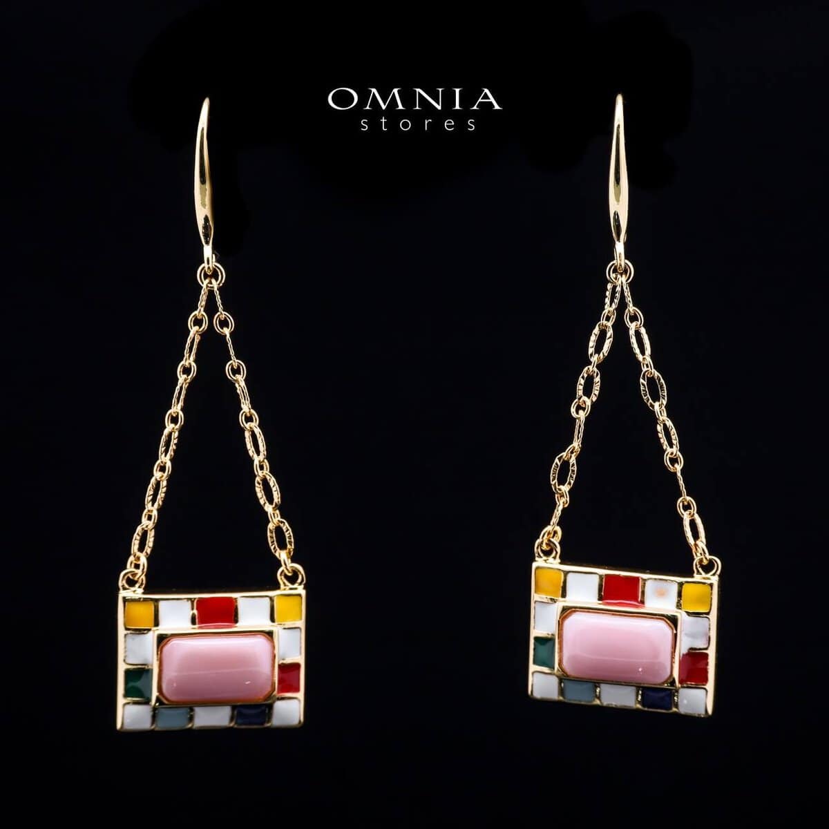Omnia Livia Queen Shell Geometric Drop Earrings with Colorful Enamel Accents in Brass with Gold Plated Finish - OMNIASTORES UAE